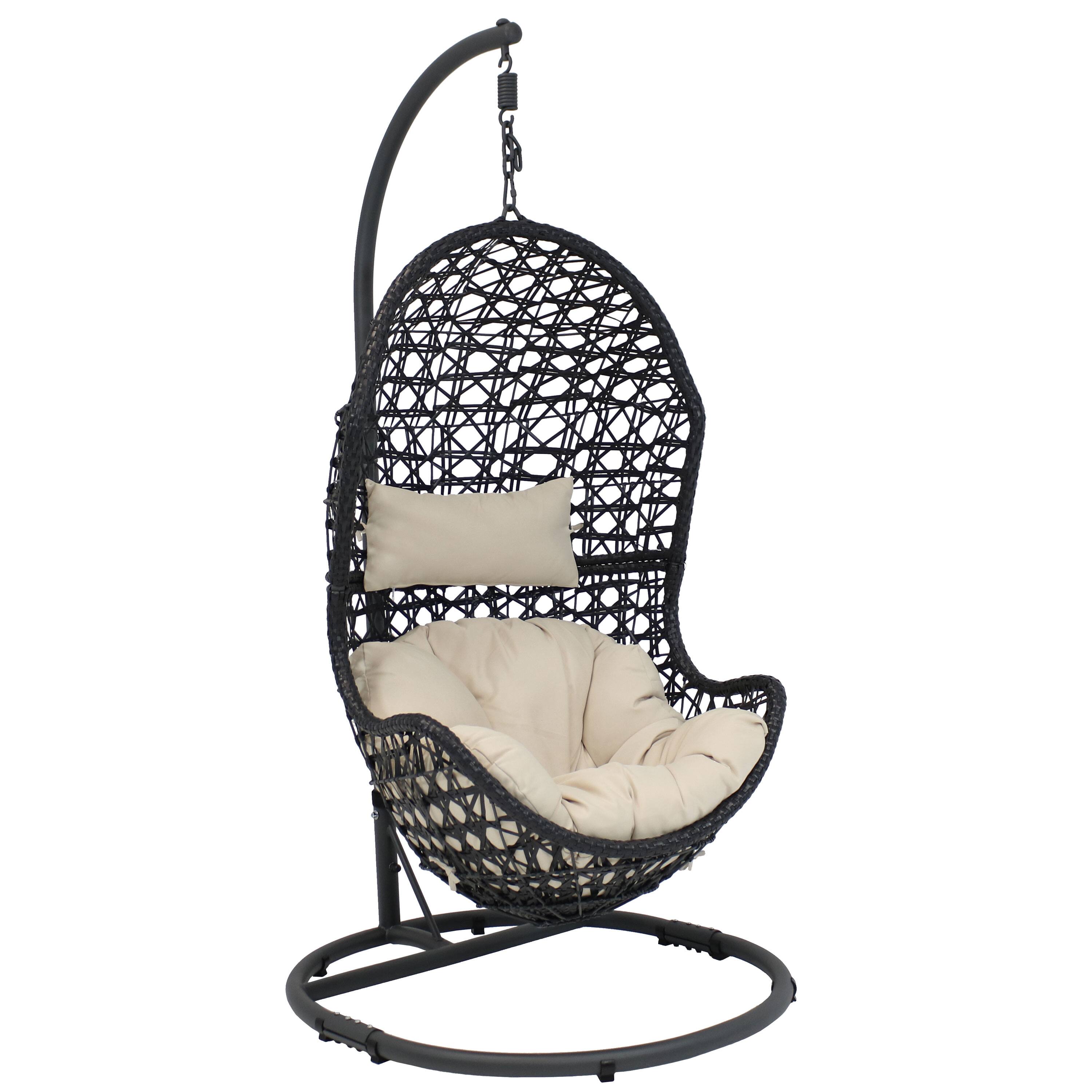 Sunnydaze - Resin Wicker Hanging Egg Chair with Steel Stand/Cushions - Beige Cushions