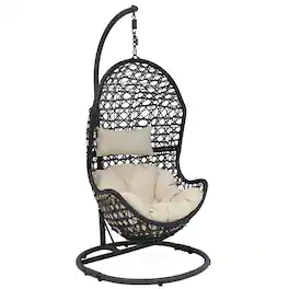 Sunnydaze - Resin Wicker Hanging Egg Chair with Steel Stand/Cushions - Beige Cushions