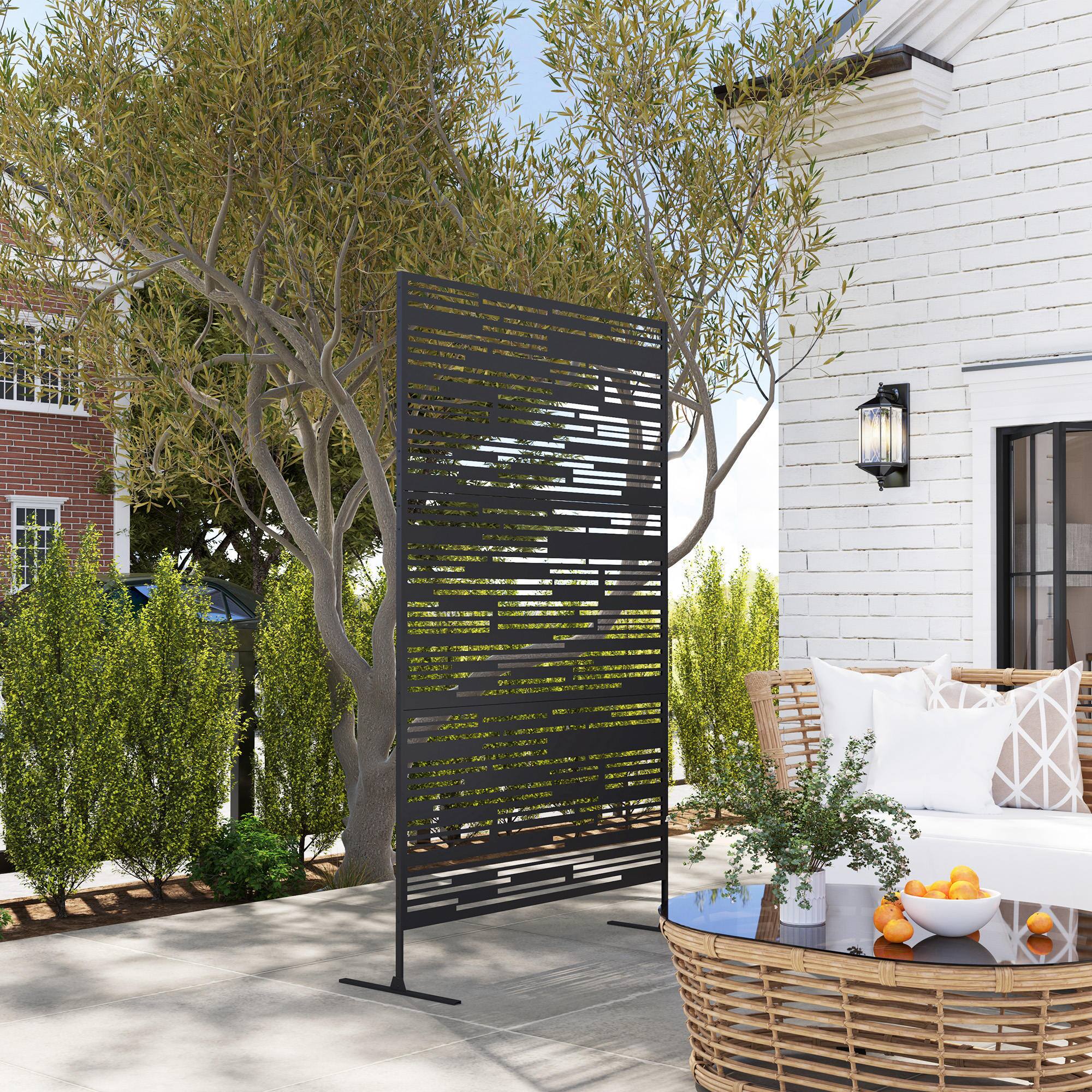 Alt View 8. Outsunny - Metal Outdoor Privacy Screen, 78" H x 48" W Decorative Privacy Fence Screen, Freestanding Outdoor Divider with Stand - Black/Barcode.