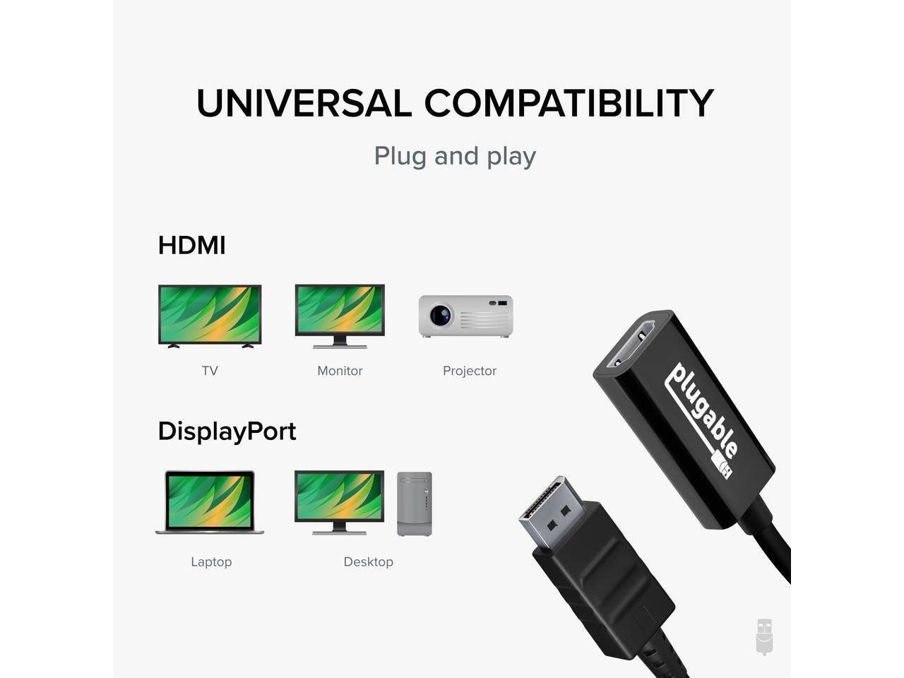 UNIVERSAL COMPATIBILITY  
Plug and play  

HDMI  
TV  
Monitor  
Projector  

DisplayPort  
Laptop  
Desktop