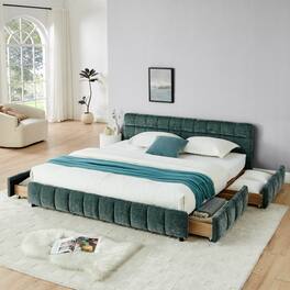 Anysun - King Chenille Upholstered Bed Frame with Headboard - Solid Construction & Storage Drawer - Blue