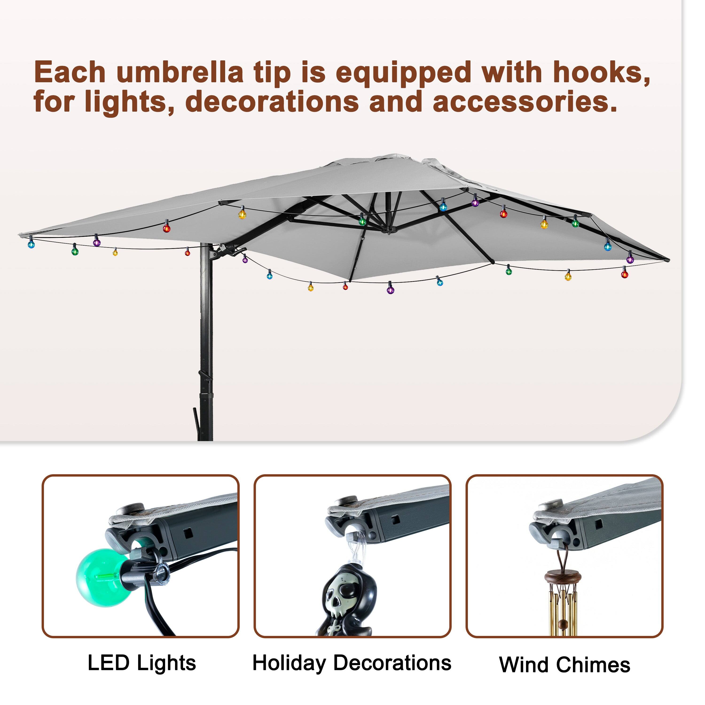 Each umbrella tip is equipped with hooks, for lights, decorations and accessories.

LED Lights  
Holiday Decorations  
Wind Chimes