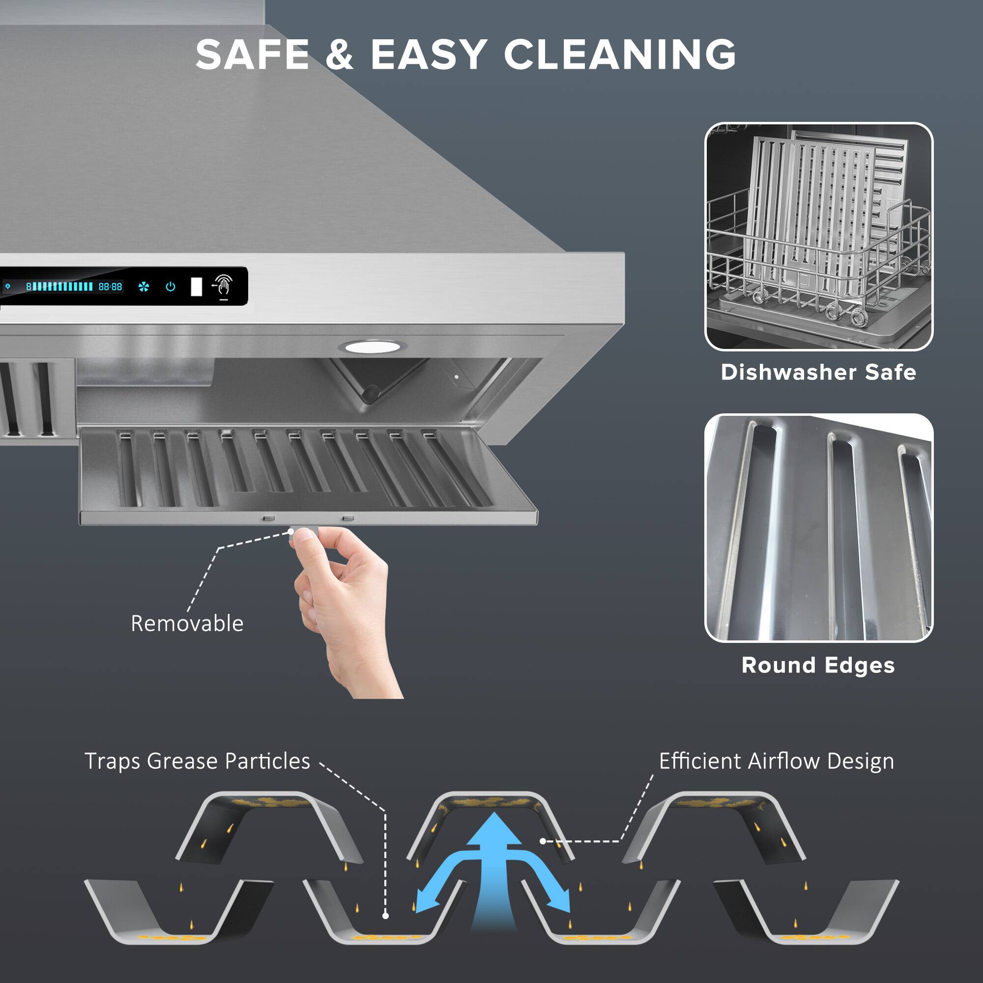 SAFE & EASY CLEANING

- Dishwasher Safe
- Removable
- Traps Grease Particles
- Round Edges
- Efficient Airflow Design