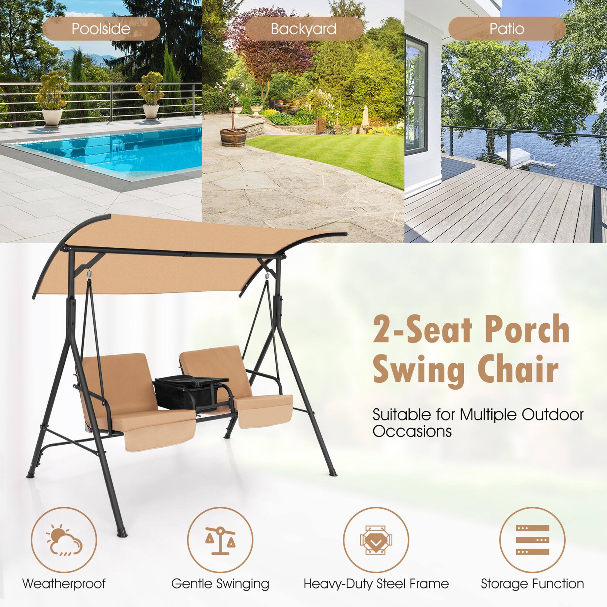 Alt View 4. Gymax - Gymax 2-Person Canopy Porch Swing Padded Chair Cooler Bag Rotatable Tray Beige - Beige.