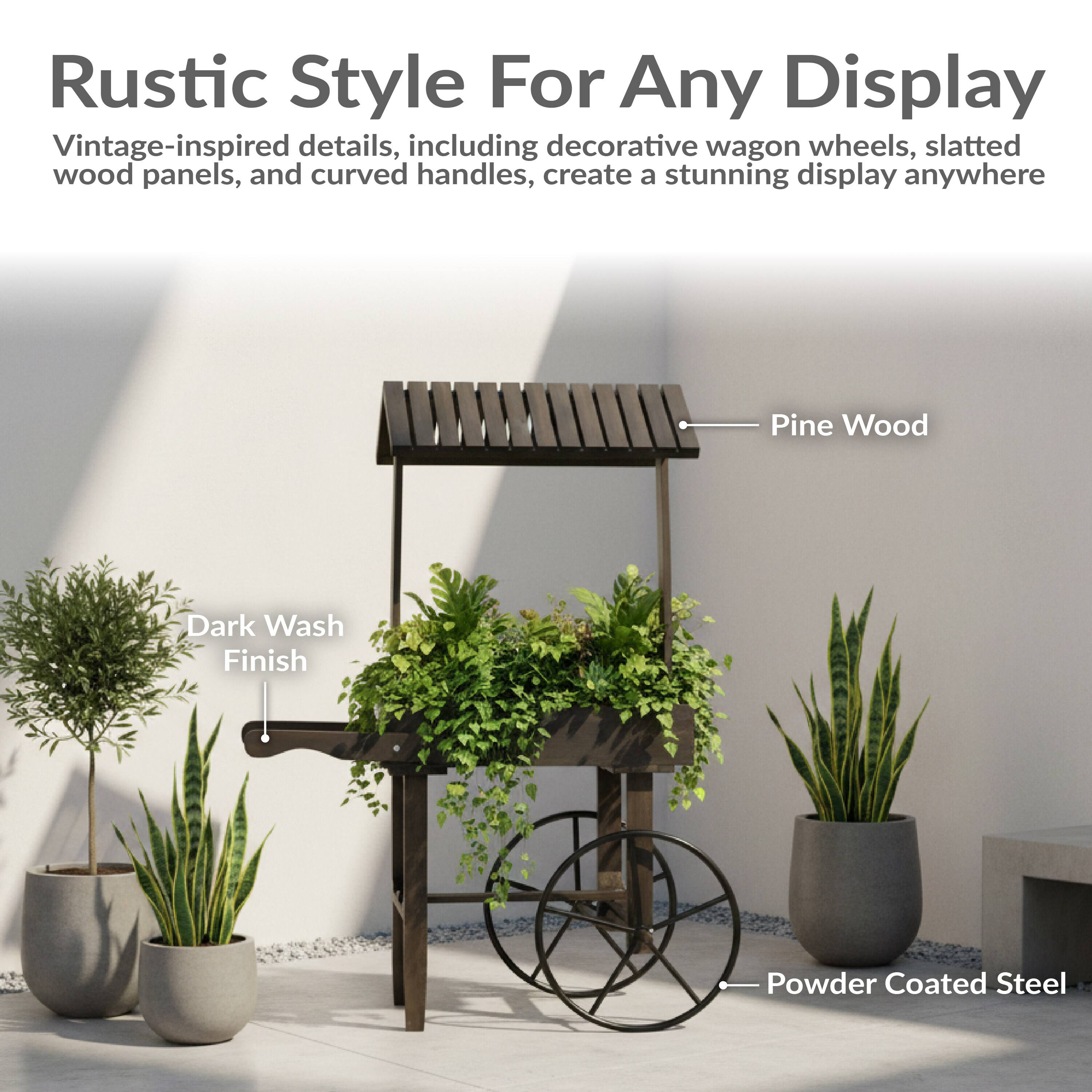 Rustic Style For Any Display

Vintage-inspired details, including decorative wagon wheels, slatted wood panels, and curved handles, create a stunning display anywhere

- Pine Wood
- Dark Wash Finish
- Powder Coated Steel