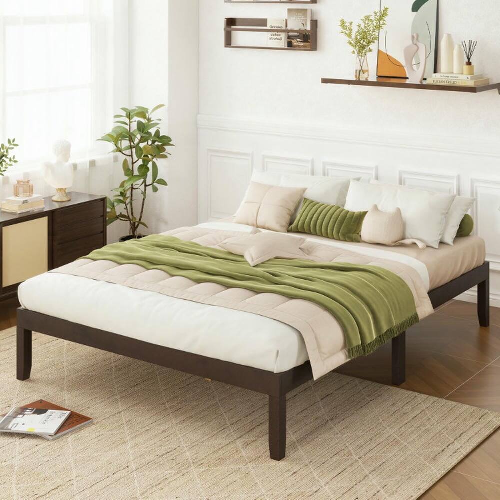 Back. Kadyn - Platform Bed Frame, Bedroom Bed Frame,Queen Size Wood Bed Frame with Wooden Slats Support and Rubber Wood Legs-Espresso - Brown.