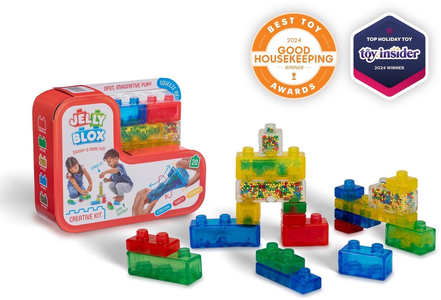 IMAGINATIVE PLAY! SQUEEZE OPEN, WEI

BEST TOY 2024 TOP HOLIDAY TOY GOOD HOUSEKEEPING TOY INSIDER WINNER 2024 WINNER AWARDS

JELLY BLOX S MORE FUN! SOUISHY IT! STACK

20 CREATIVE KIT

ZERO OUCHIES!

SMOOSHY TWISTY STRETCHY CHY