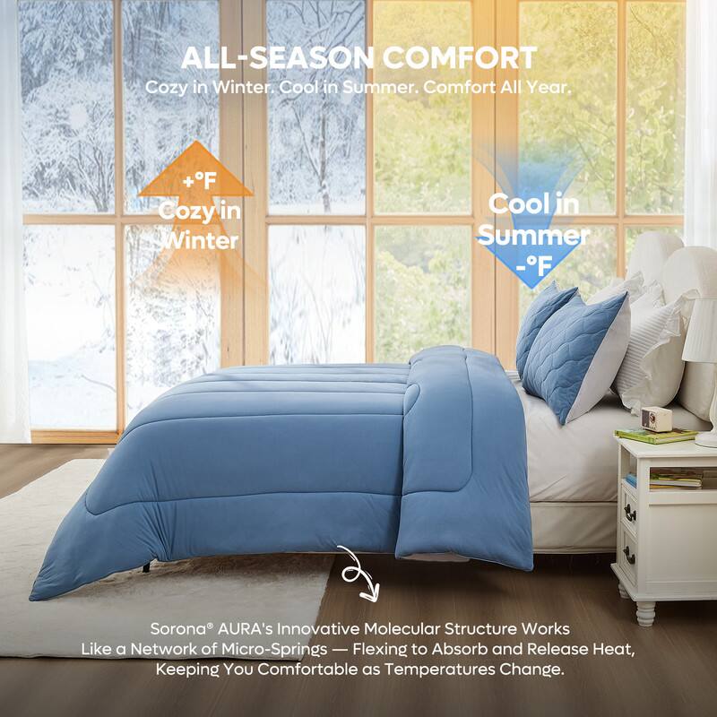 ALL-SEASON COMFORT  
Cozy in Winter. Cool in Summer. Comfort All Year.

+°F Cozy in Winter  
-°F Cool in Summer

Sorona® AURA's Innovative Molecular Structure Works Like a Network of Micro-Springs — Flexing to Absorb and Release Heat, Keeping You Comfortable as Temperatures Change.