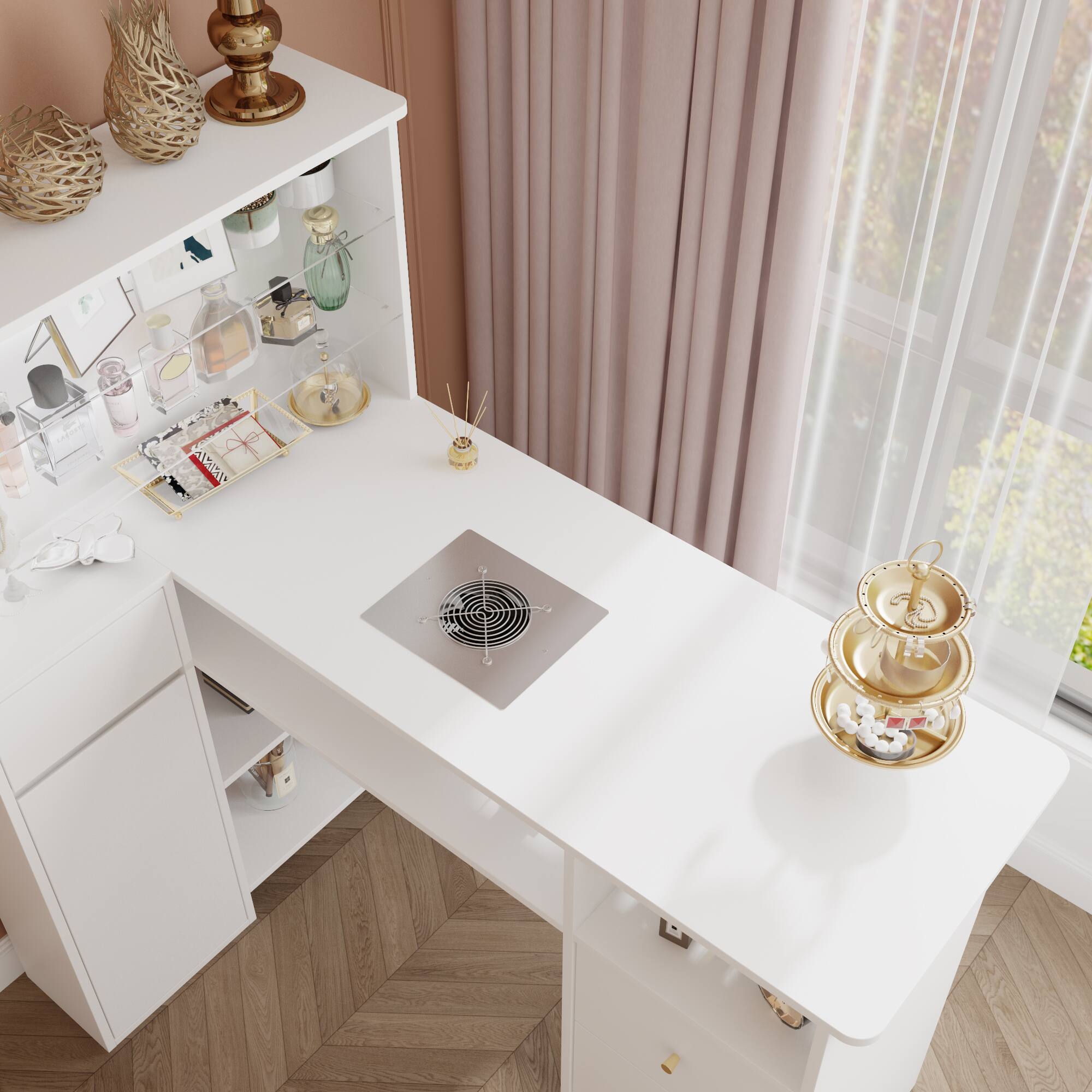 Alt View 4. Famapy - Luxury Nail Desk and Makeup Vanity with Storage Drawers Dust Collector Ergonomic Beauty Workstation Table - White.
