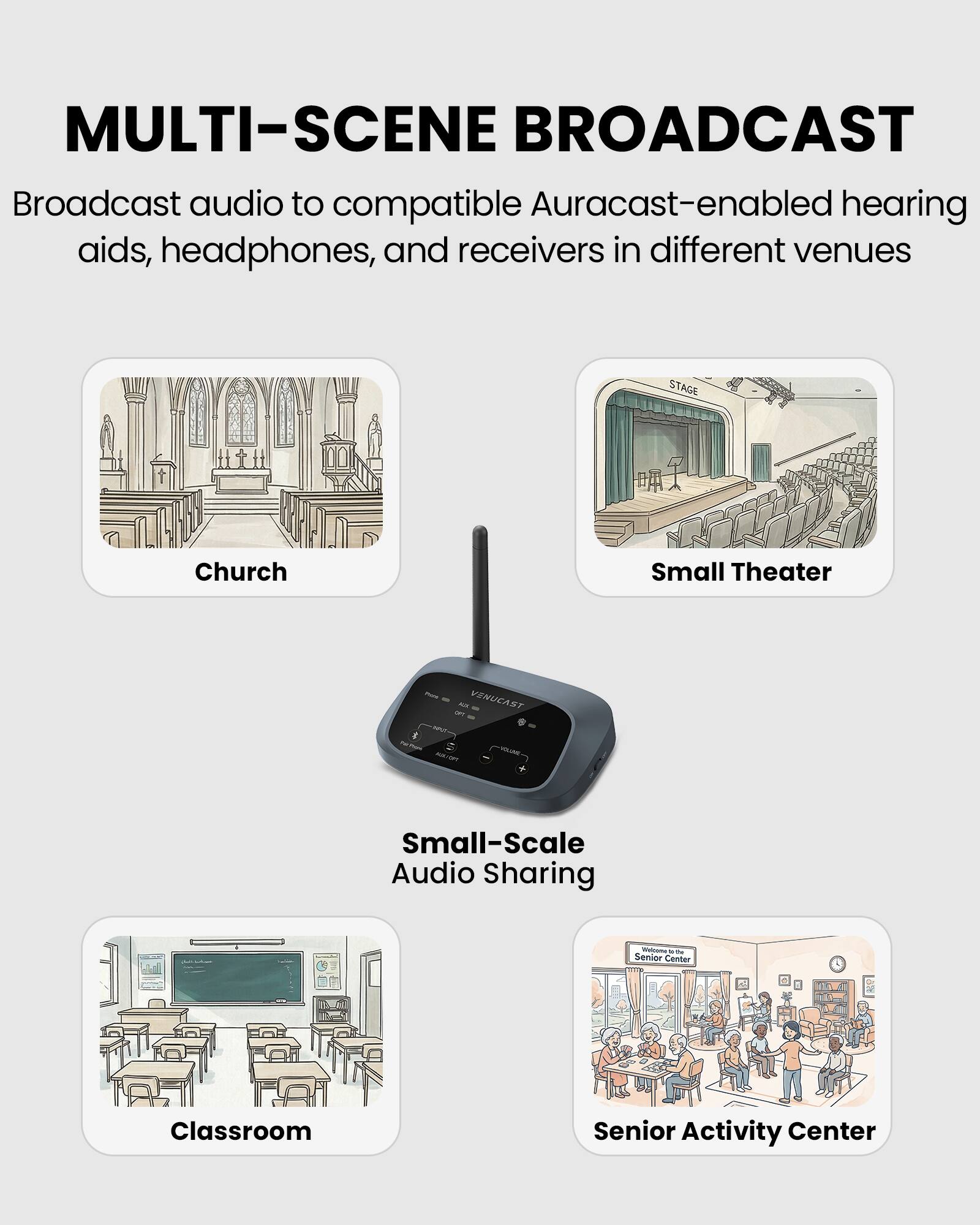 MULTI-SCENE BROADCAST  
Broadcast audio to compatible Auracast-enabled hearing aids, headphones, and receivers in different venues

STAGE  
Church  
Small Theater

PLACES  
6X VENUCAST TO  
Small-Scale Audio Sharing  
Classroom  
Senior Activity Center