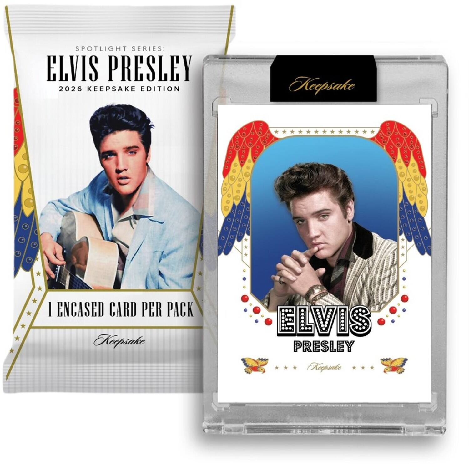 SPOTLIGHT SERIES: ELVIS PRESLEY 2026 KEEPSAKE EDITION  
1 ENCASED CARD PER PACK  
ELVIS PRESLEY  
Keepsake