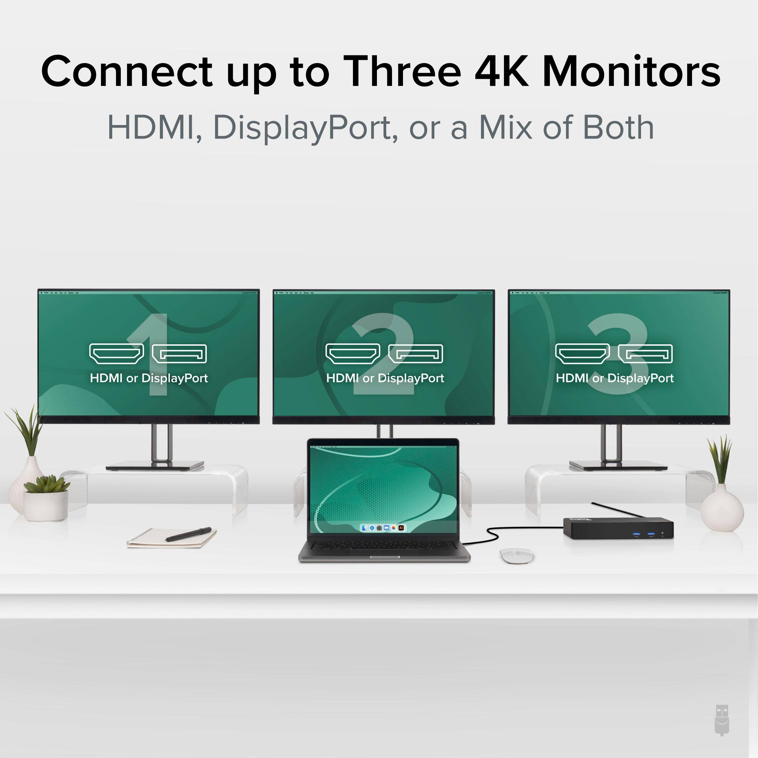 Connect up to Three 4K Monitors HDMI, DisplayPort, or a Mix of Both HDMI or DisplayPort HDMI or DisplayPort HDMI or DisplayPort
