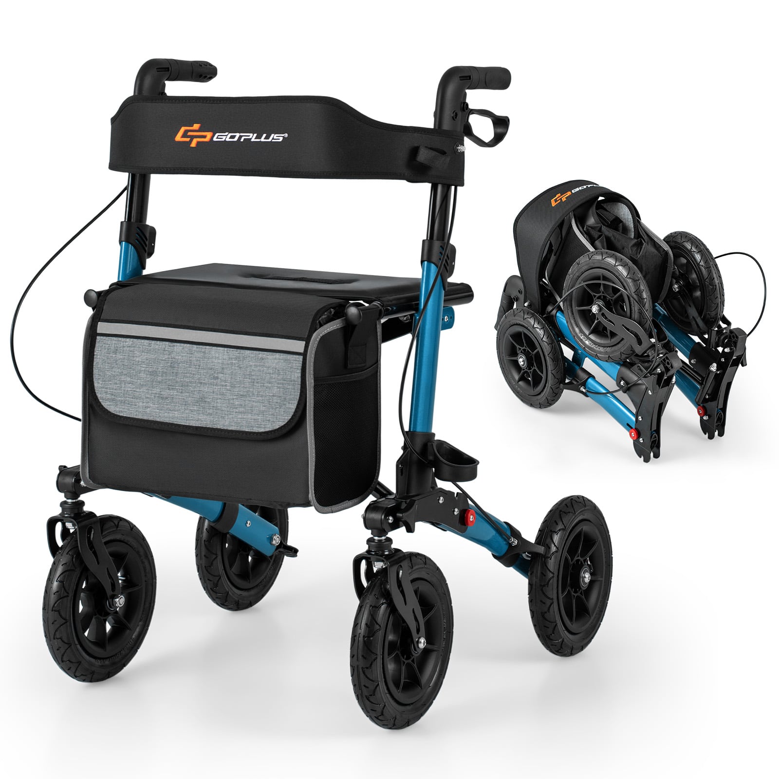 Front. Costway - Costway Walker for Seniors Folding Rollator Walker with 9" Pneumatic Tires for All Terrain Blue - Blue.