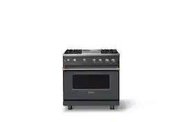 Viking - 36 in. Wide 4 Burner Pro 5 Series 5.6 Cu. Ft. Freestanding Sealed DF Convection Range/Griddle with Brushed Brass Trim - Cast Black