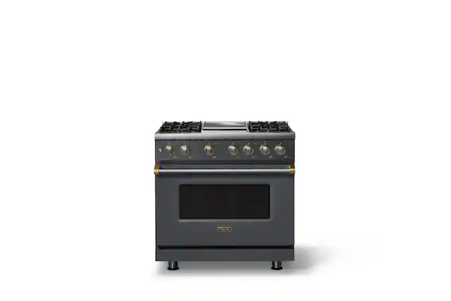 Front. Viking - 36 in. Wide 4 Burner Pro 5 Series 5.6 Cu. Ft. Freestanding Sealed LP DF Convection Rangewith Griddle Brushed Brass Trim - Cast Black.