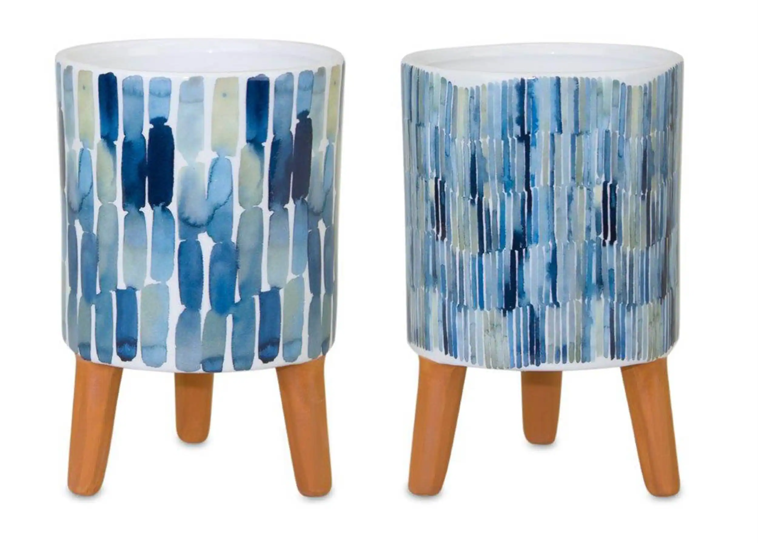 Front. BreeBe - Watercolor Planter with Terra Cotta Legs (Set of 2) - Blue, Brown, White.