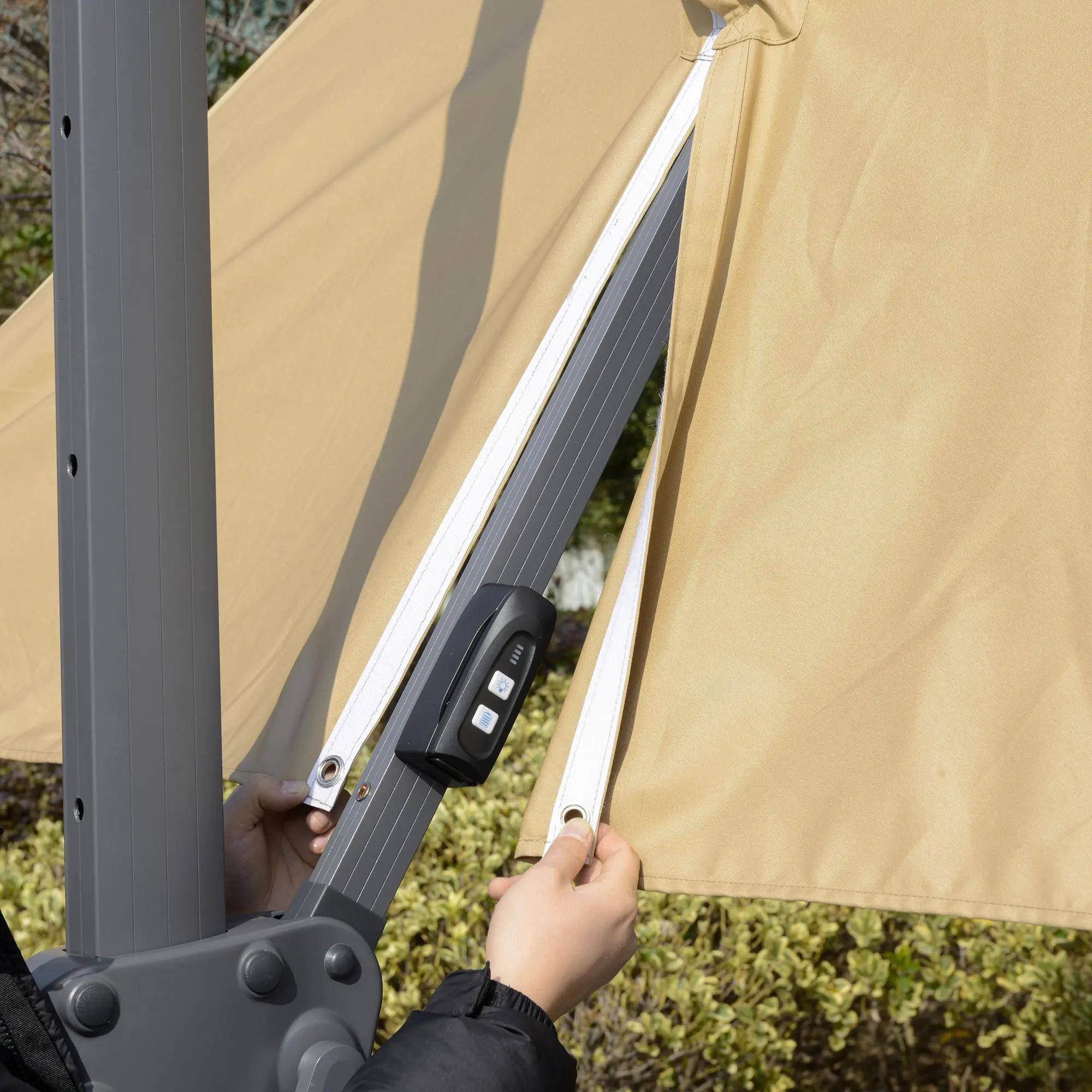 Alt View 4. Spaco - Spaco 10ft Solar LED Cantilever Umbrella, 360 Rotation, Tilt, Cross Base - Khaki.