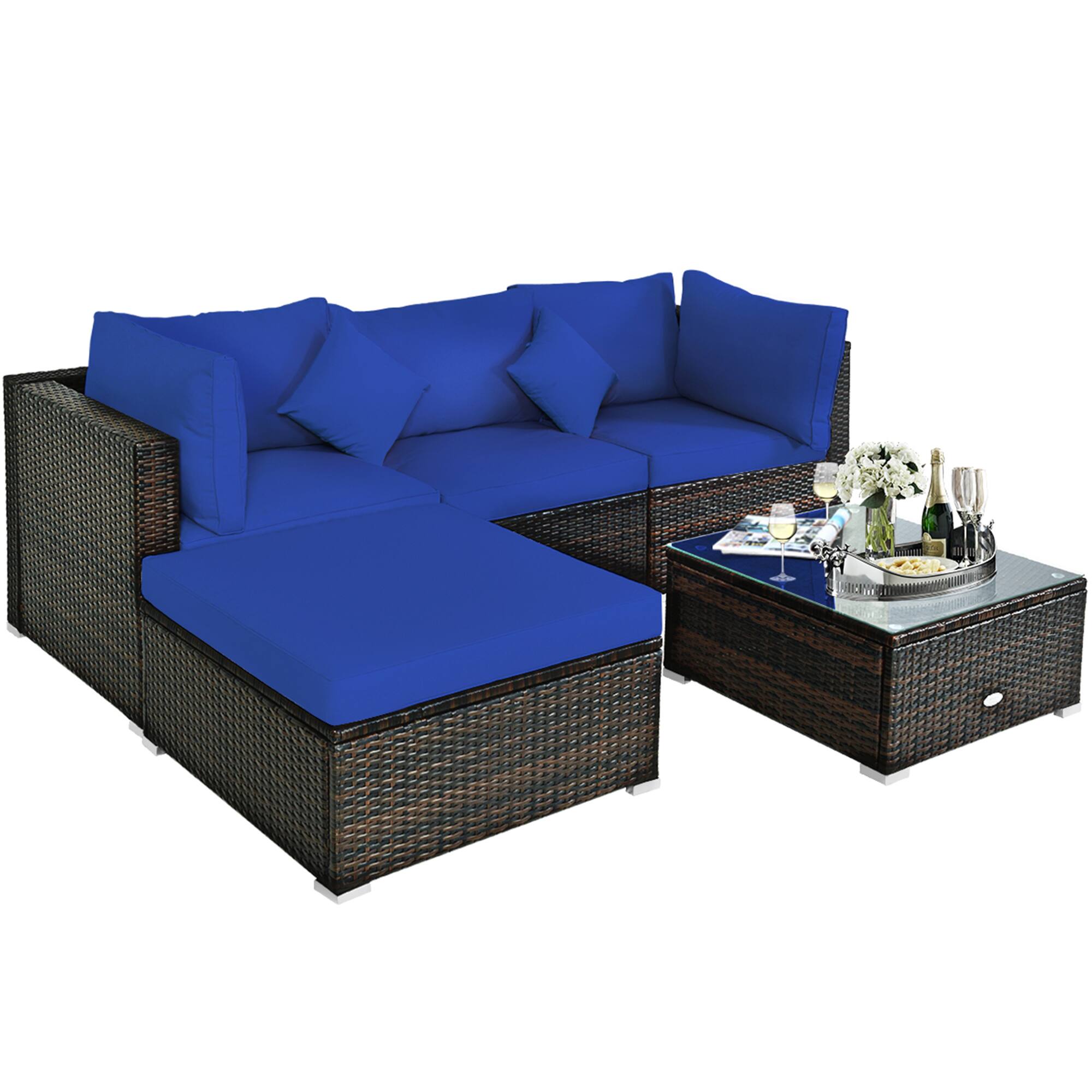 Alt View 5. Gymax - Gymax 5PC Rattan Patio Conversation Set Outdoor Furniture Set w/ Ottoman Cushion - Navy.