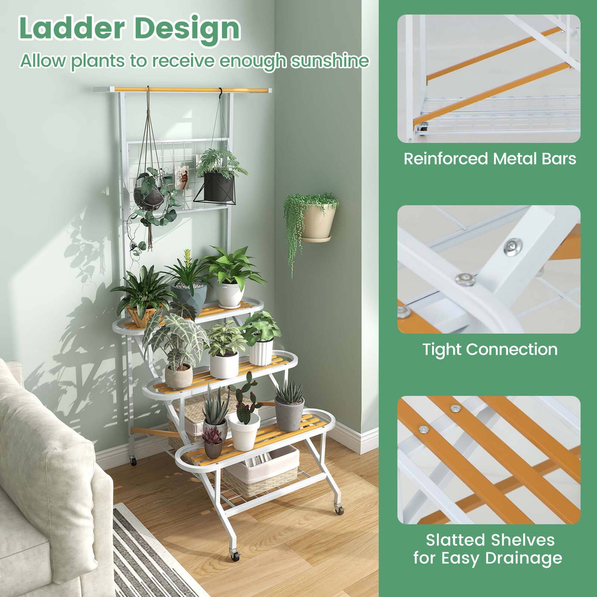 Ladder Design: Allow plants to receive enough sunshine, Reinforced Metal Bars, Tight Connection, Slatted Shelves for Easy Drainage.