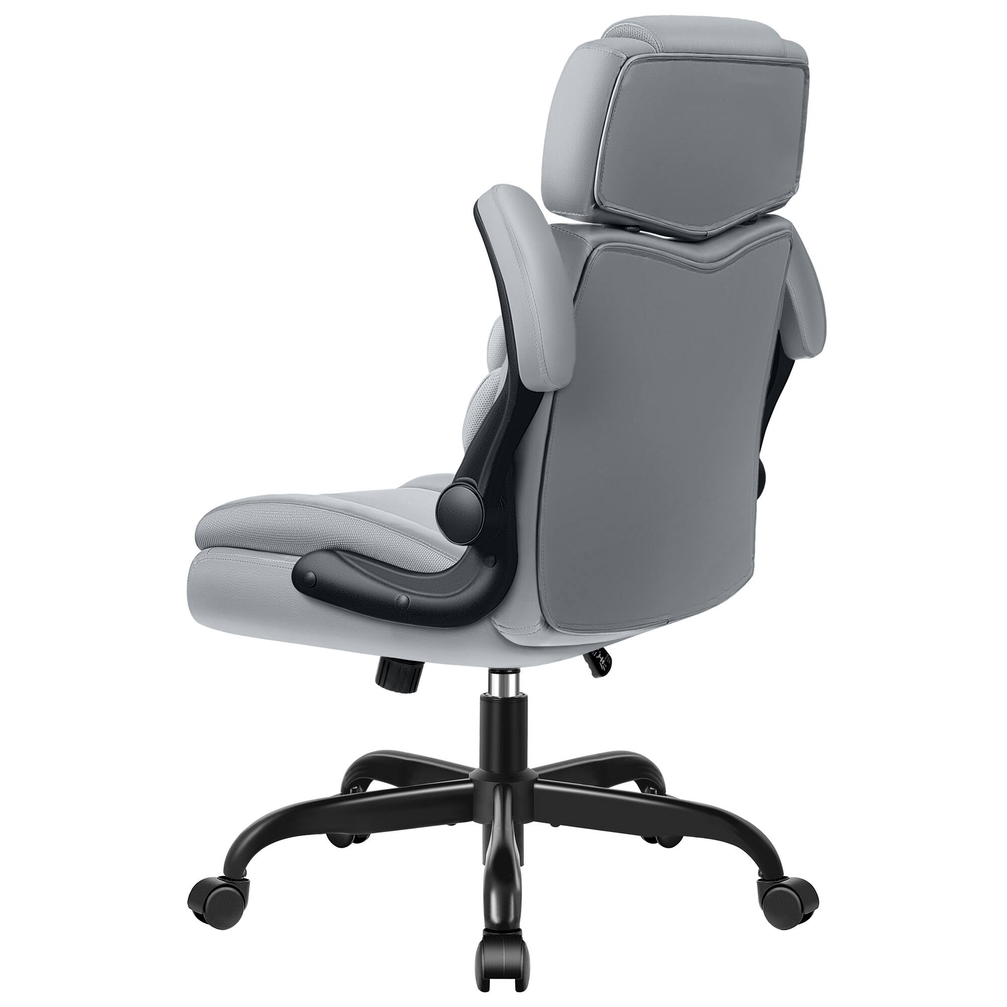 Back. Brick Attic - Ergonomic Leather Executive Office Chair, Swivel Computer Rocking Desk Chair with Flip-Up Armrests Adjustable Headrest - Grey.