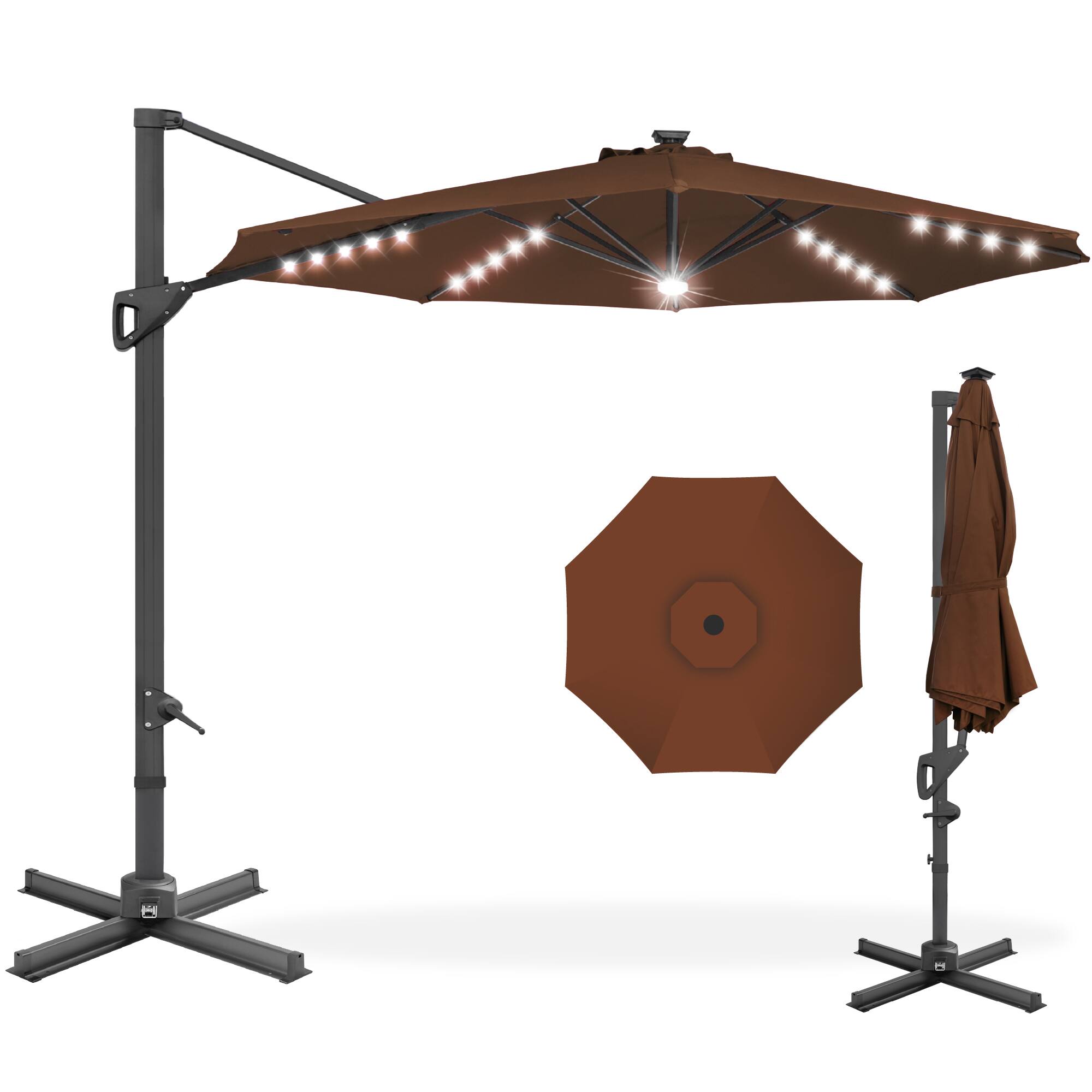 Front. Best Choice Products - Best Choice Products 10ft 360-Degree Solar LED Lit Cantilever Patio Umbrella, Outdoor Hanging Shade - Brown - Brown.