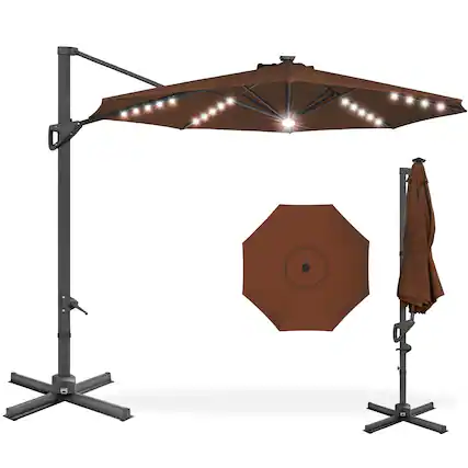 Front. Best Choice Products - Best Choice Products 10ft 360-Degree Solar LED Lit Cantilever Patio Umbrella, Outdoor Hanging Shade - Brown - Brown.