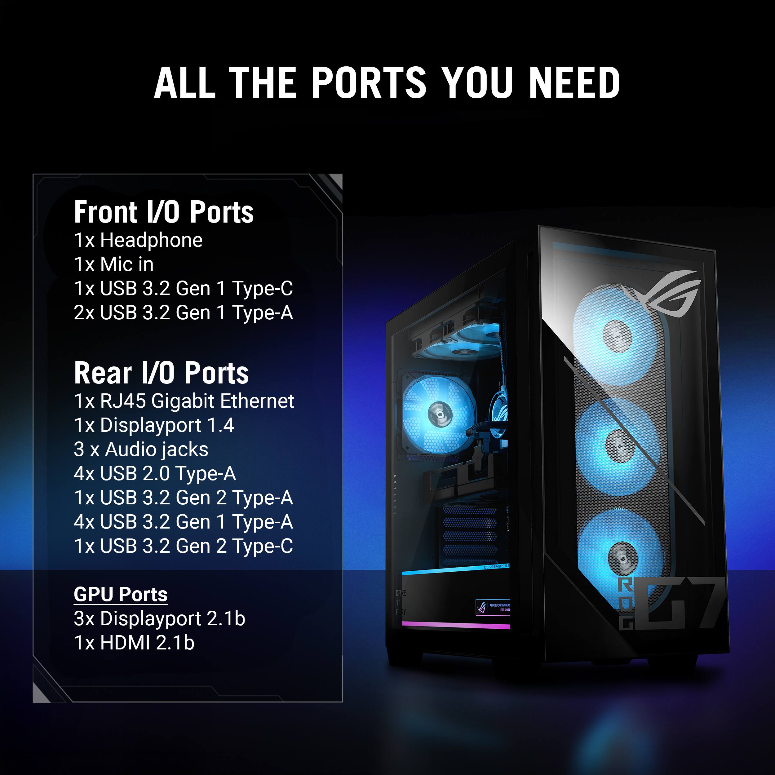 ALL THE PORTS YOU NEED

Front I/O Ports
1x Headphone
1x Mic in
1x USB 3.2 Gen 1 Type-C
2x USB 3.2 Gen 1 Type-A

Rear I/O Ports
1x RJ45 Gigabit Ethernet
1x Displayport 1.4
3 x Audio jacks
4x USB 2.0 Type-A
1x USB 3.2 Gen 2 Type-A
4x USB 3.2 Gen 1 Type-A
1x USB 3.2 Gen 2 Type-C

GPU Ports
3x Displayport 2.1b
1x HDMI 2.1b