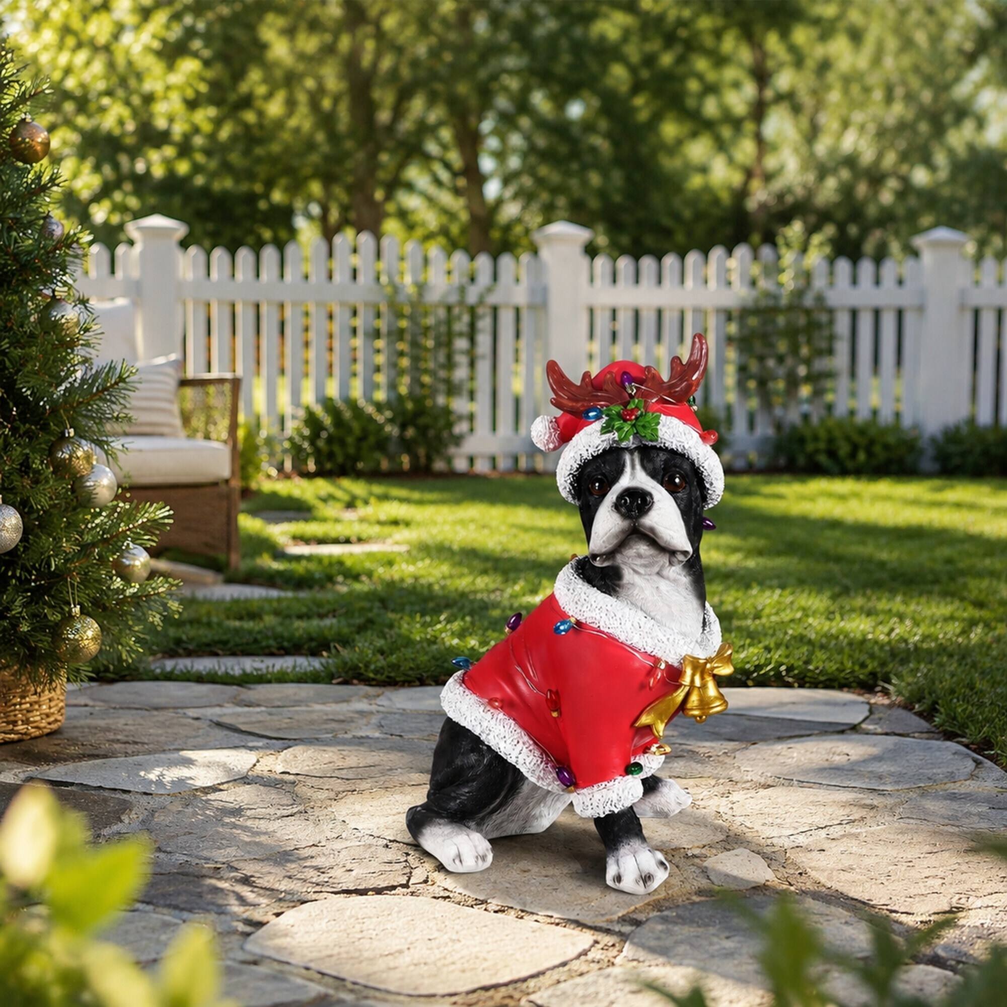 Left. RYHNUYNE - Christmas Boston Terrier Statue with Santa Outfit, Reindeer Antlers, Holly Accents, and Gold Bells for Mantel - Black.