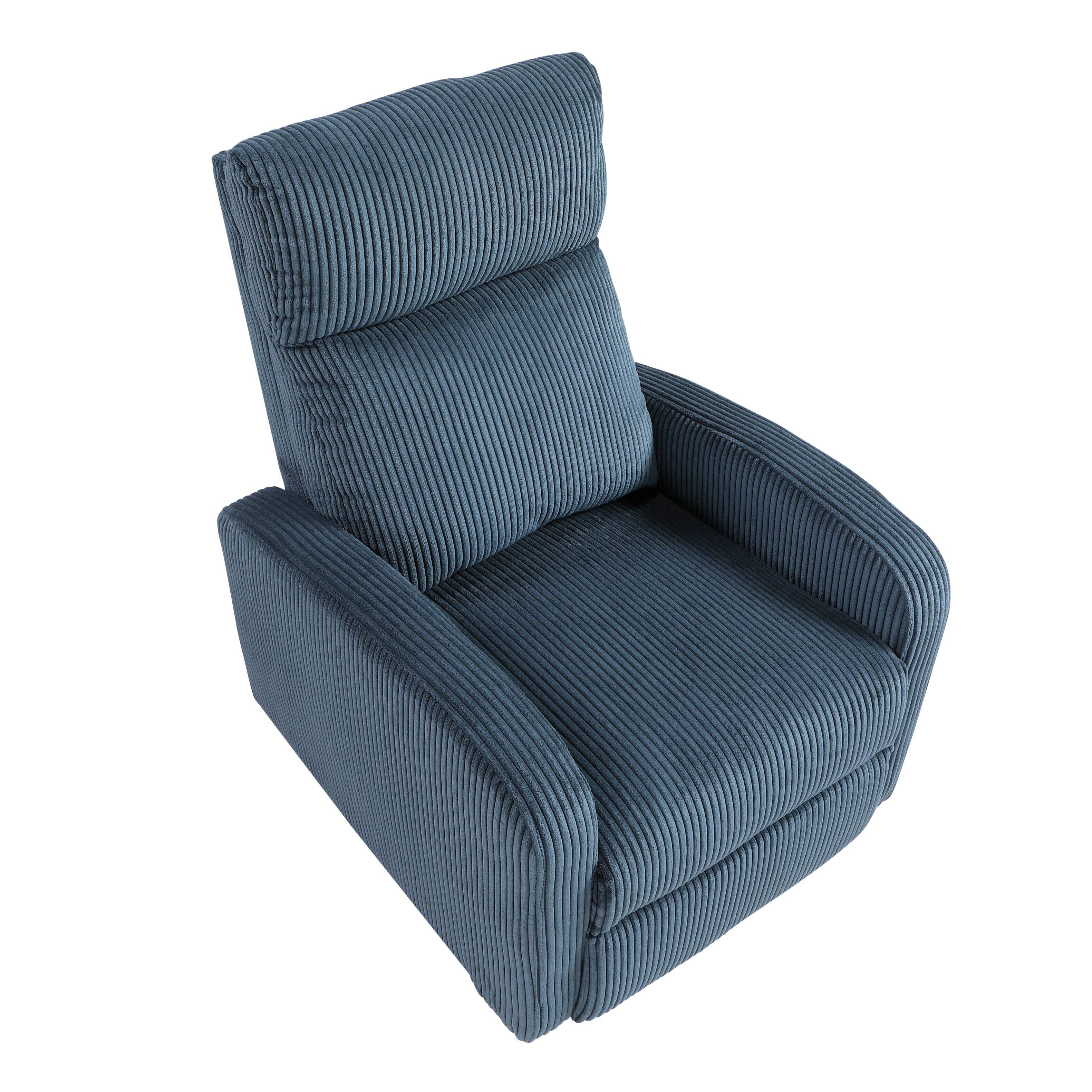 Back. TinyHomie - Modern Push Back Recliner Chair Bue Soft Corduroy Upholstery Comfort Solid Wood Living Room Furniture 1pc - Blue.