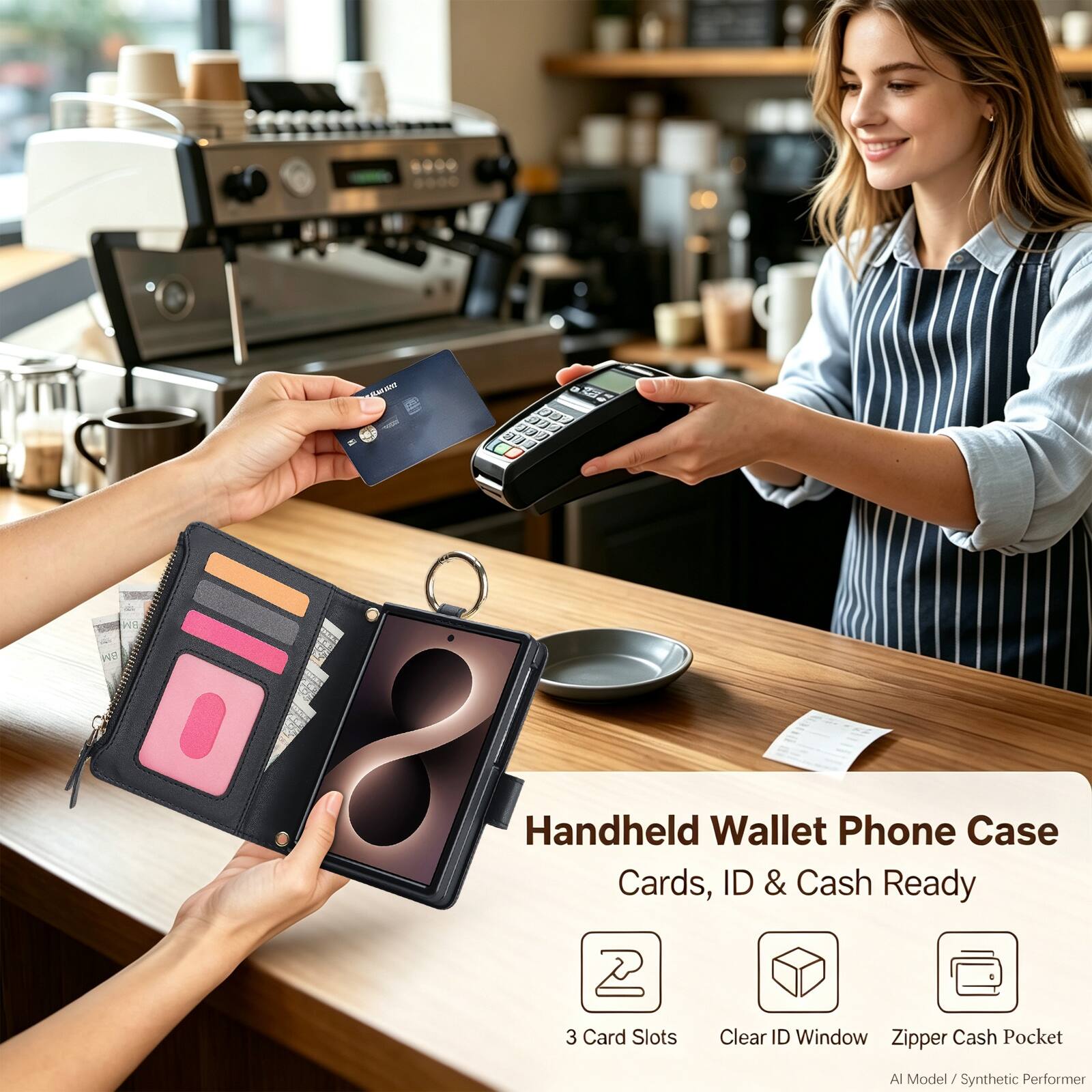 SMORG

a 
BM
BM

Handheld Wallet Phone Case
Cards, ID & Cash Ready

3 Card Slots
Clear ID Window
Zipper Cash Pocket

AI Model / Synthetic Performer