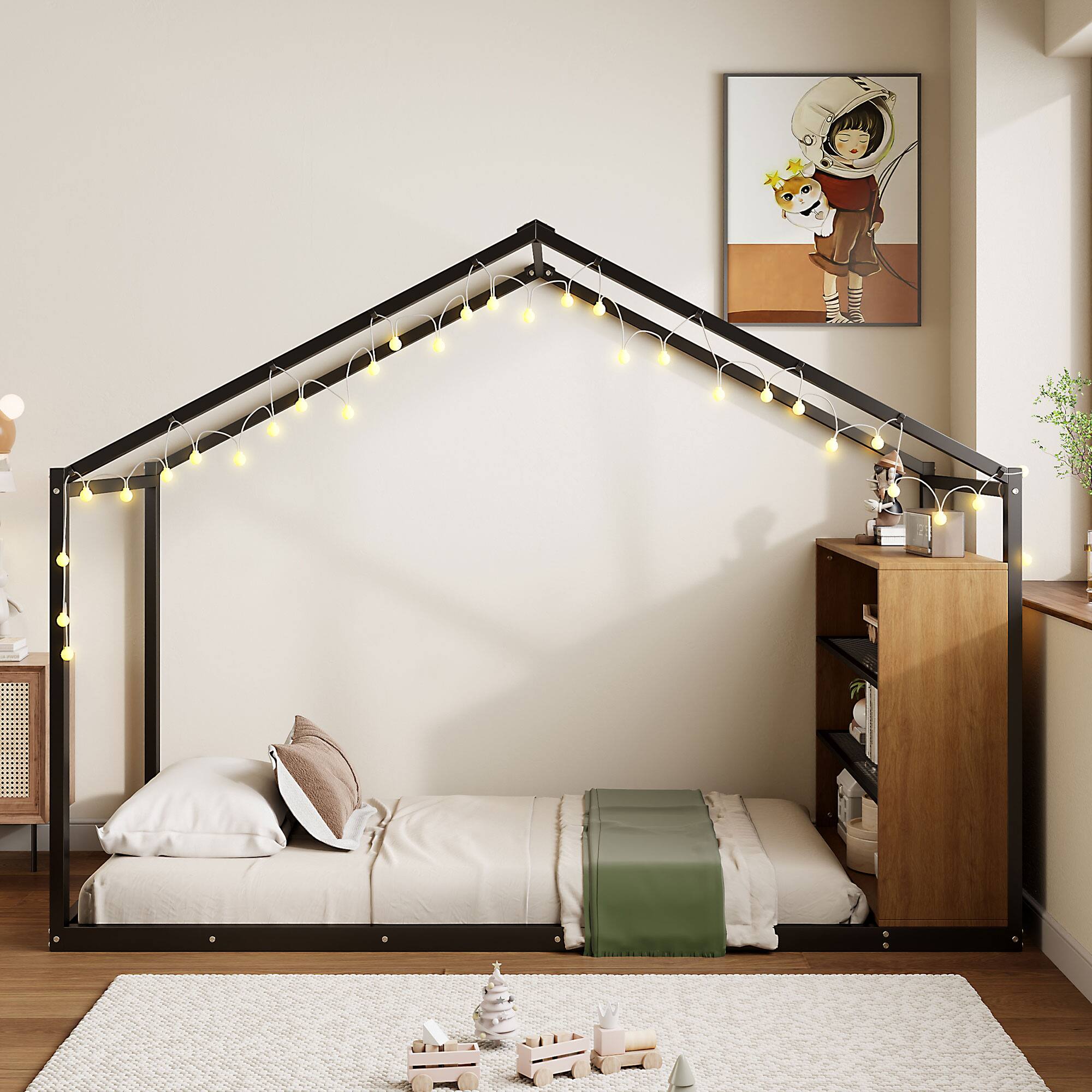 Left. GOODSILO - Twin Size Metal Bed House Bed Frame with Shelves and Lights - Black.