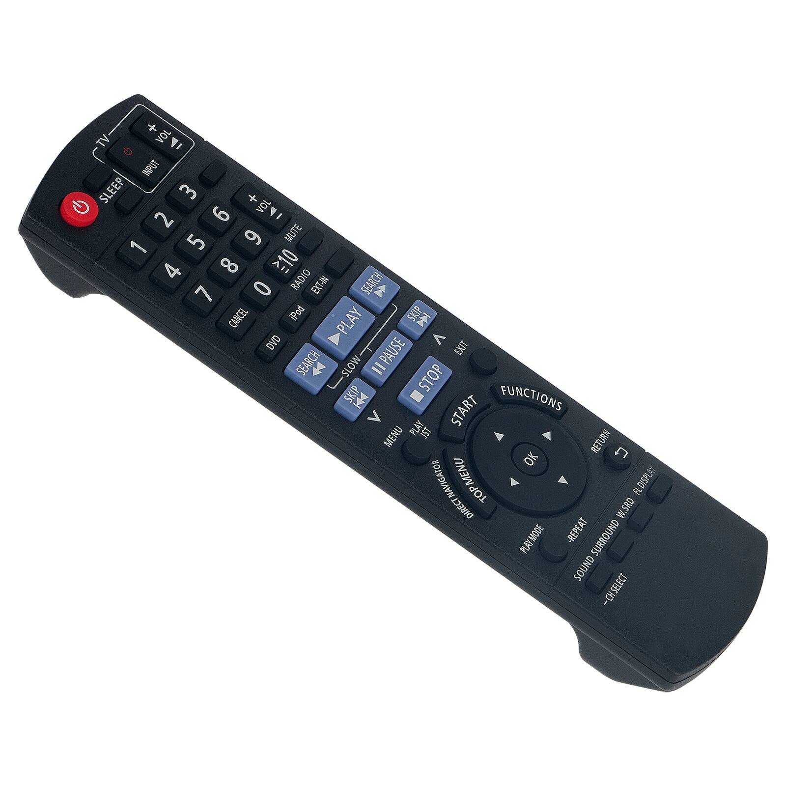 Sure, here is the corrected and grouped text from the image:

**Top Section:**
- TV
- VOL
- LF
- D
- INPUT
- SLEEP
- 3
- 6
- VOL
- 2
- 5
- 6
- MUTE
- 1
- 4
- 8
- 210
- 0
- RADIO
- EXT-4N
- SEARCH
- L
- CANCEL
- iPod
- PLAY
- SKIP
- DVD
- PAUSE
- EXIT
- SEARCH
- SLOW
- STOP
- SKIP

**Middle Section:**
- FUNCTIONS
- PLAY
- START
- MENU
- IST
- RETURN
- OK
- NAVIGATOR
- MENU
- FLDISPLAY
- TOP
- DIRECT
- W.SRD
- PLAYMODE
- REPEAT
- SURROUND SOUND
- -CH SELECT

**Bottom Section:**
- CH+
- CH-
- VOL+
- VOL-
- MUTE
- EXT
- A
- B
- C
- D
- E
- F
- G
- H
- I