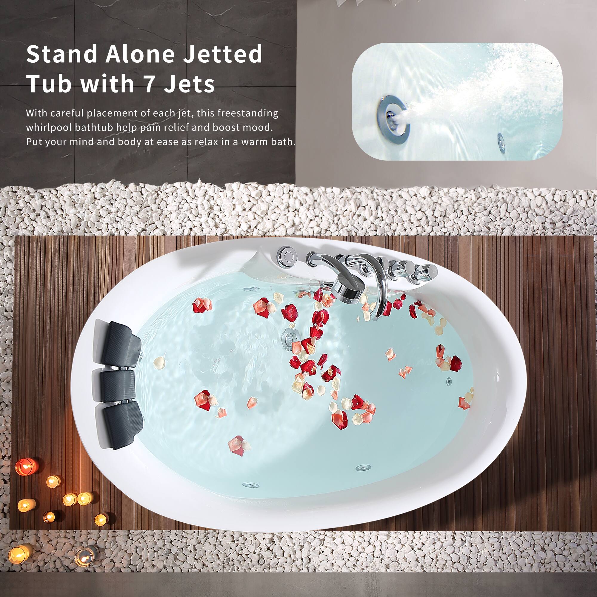 Stand Alone Jetted Tub with 7 Jets

With careful placement of each jet, this freestanding whirlpool bathtub helps pain relief and boost mood. Put your mind and body at ease as you relax in a warm bath.