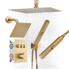 VEVOR - Shower Faucet Set, 12 In Thermostatic Ceiling Mount Rainfall Shower System with 6 Inch Wall Mount Head and 2 in 1 Spray - Brushed Gold