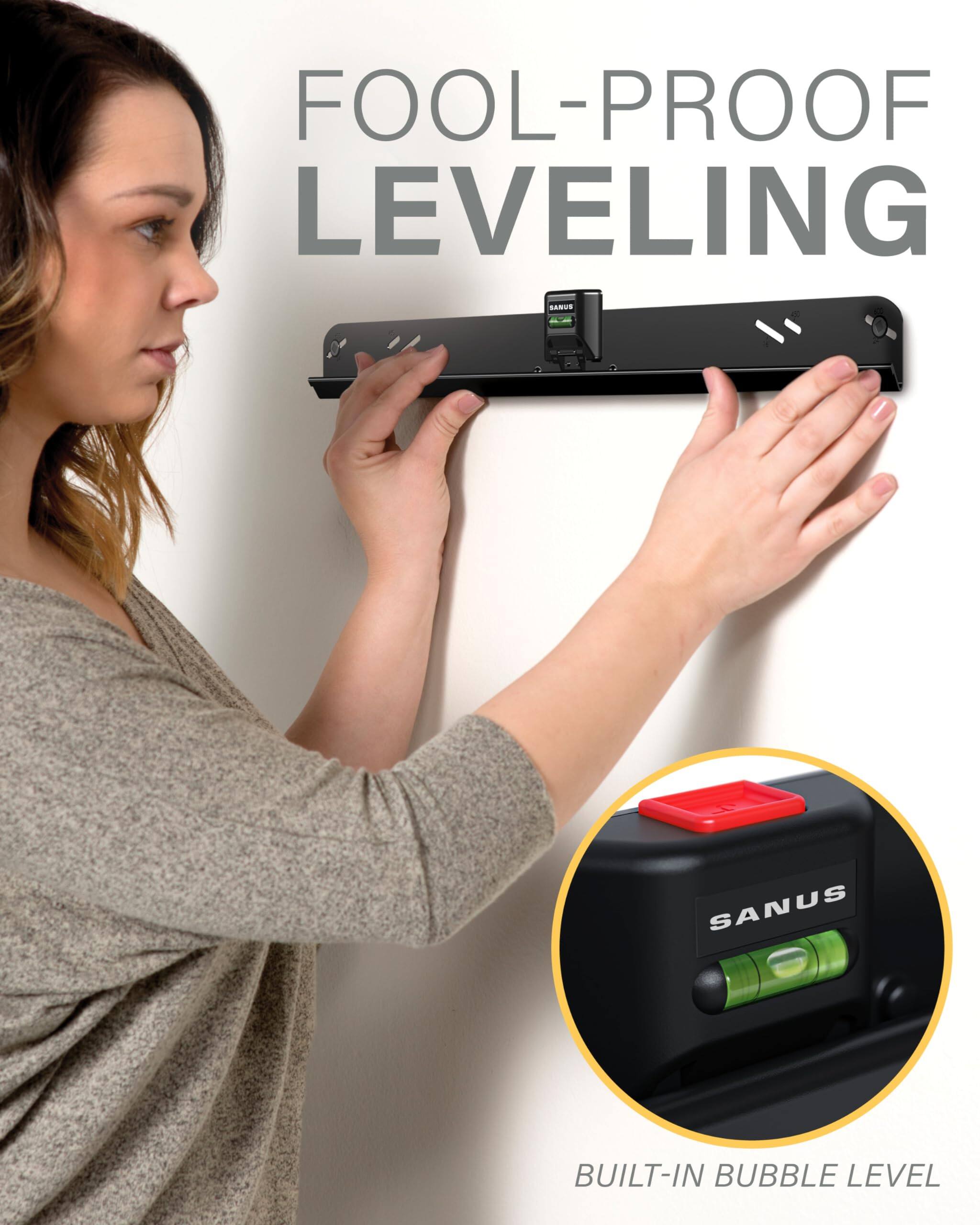 The text on the image can be grouped and corrected as follows:

- **Fool-Proof Leveling**
- **Built-in Bubble Level**

This text highlights the features of the product being advertised.