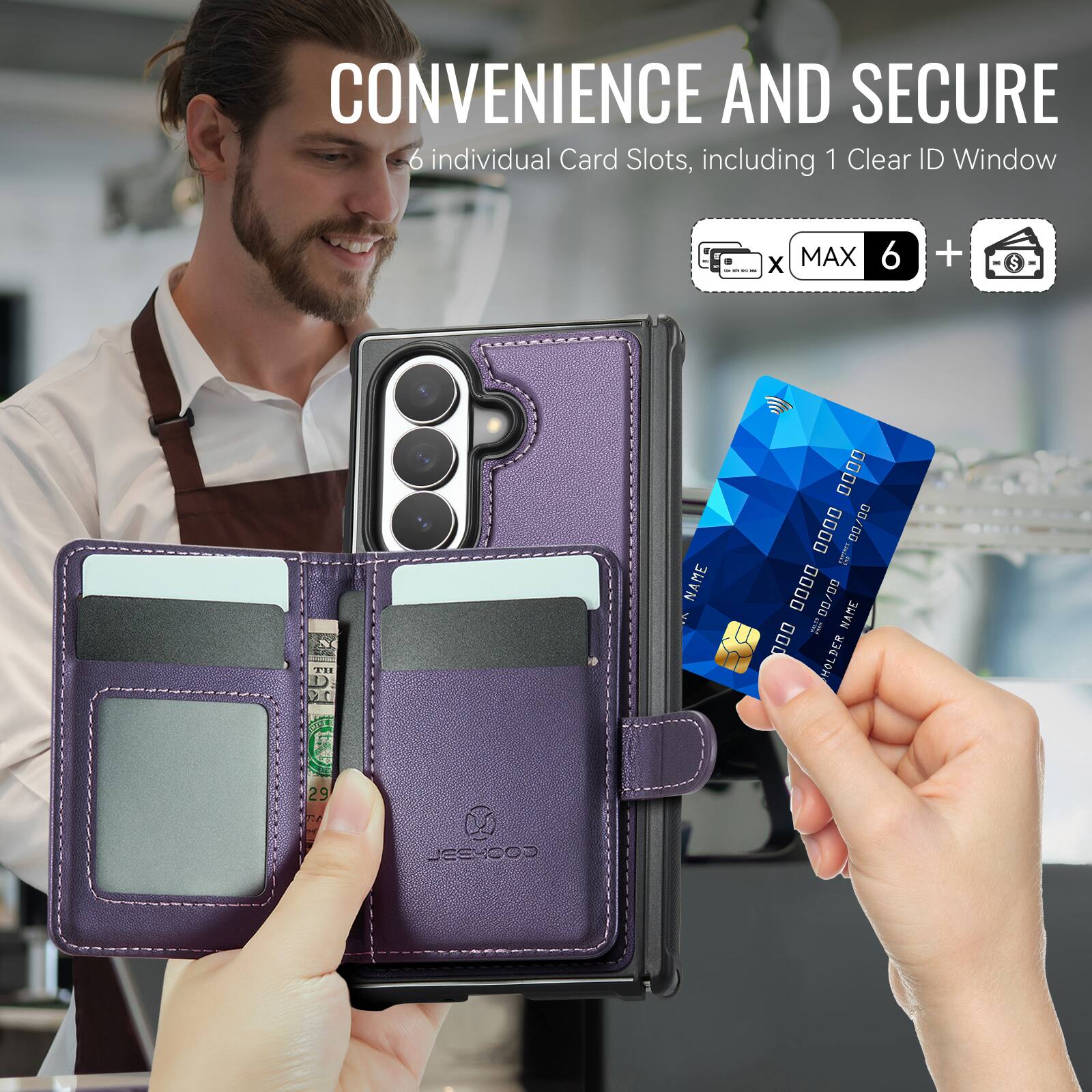 CONVENIENCE AND SECURE  
6 individual Card Slots, including 1 Clear ID Window

X MAX 6 + TH D 10

NAME 0000 0000 ......... 00/00 0000 it 00/00 NAME ... HOLDER 7OH DER

29

TA

JEEMOOD