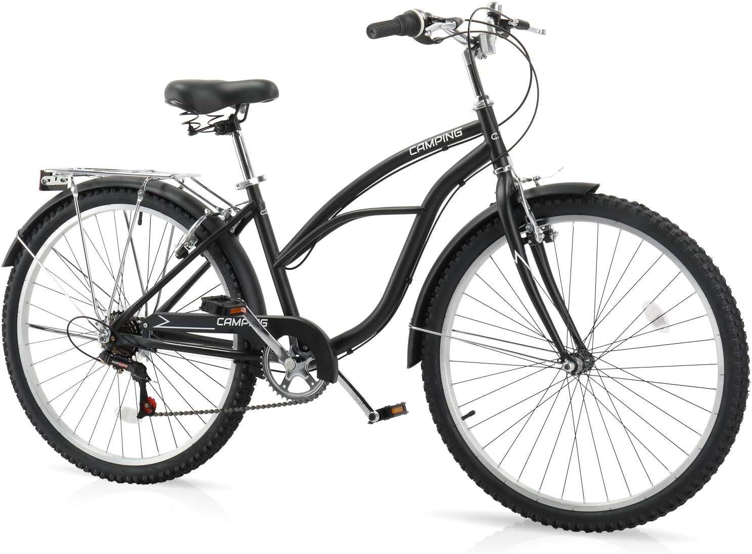 Winado - Women Bike, 26 Inch Beach Cruiser Bike, 7 Speed Commuter Bicycle with Ergonomic Upright Frame, Full Front & Rear Fenders - Black