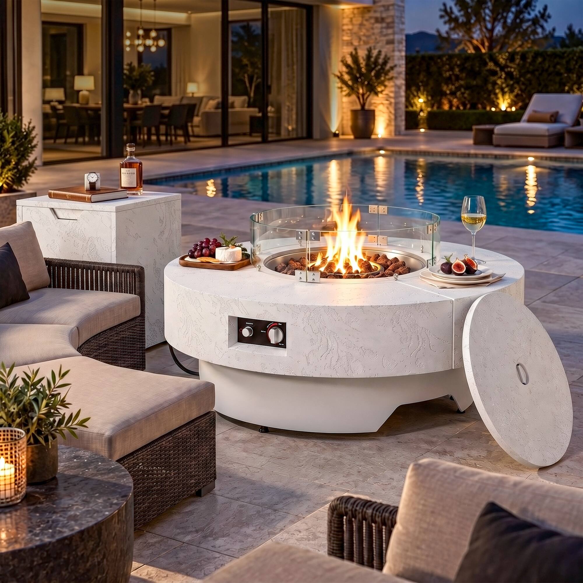 Back. Famapy - 50,000 BTU Outdoor Propane Fire Pit Table with Wind Guard, Tank Hideaway, Cover and Lava Rocks - White.