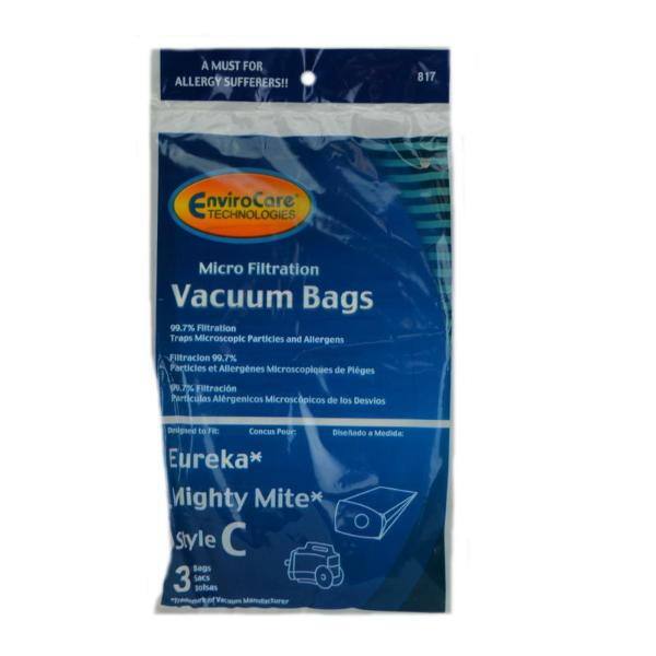 A MUST FOR ALLERGY SUFFERERS!!  
817 EnviroCare TECHNOLOGIES Micro Filtration Vacuum Bags  
99.7% Filtration Traps Microscopic Particles and Allergens  
Filtración 99.7% Partículas y Alergénos Microscópicos de Polen  
Filtración 99.7% Partículas Alérgenicas Microscópicas de los Desvios  
Diseñado a Medida  
Eureka* Mighty Mite* Style C  
3 sacos solos