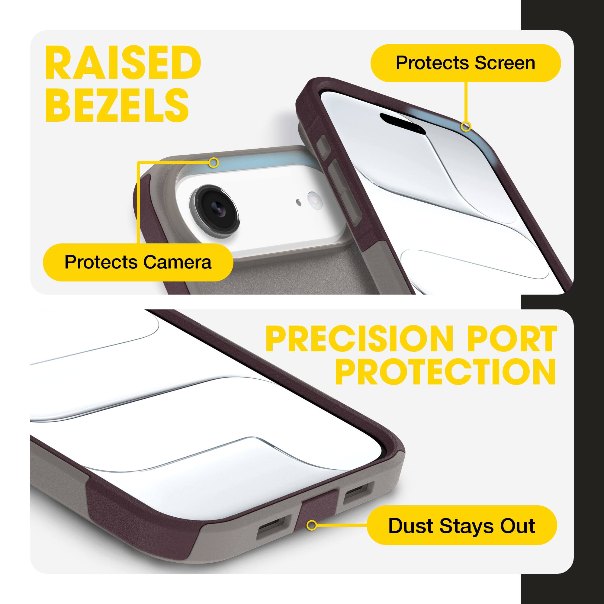 RAISED BEZELS  
- Protects Screen  
- Protects Camera  

PRECISION PORT PROTECTION  
- Dust Stays Out