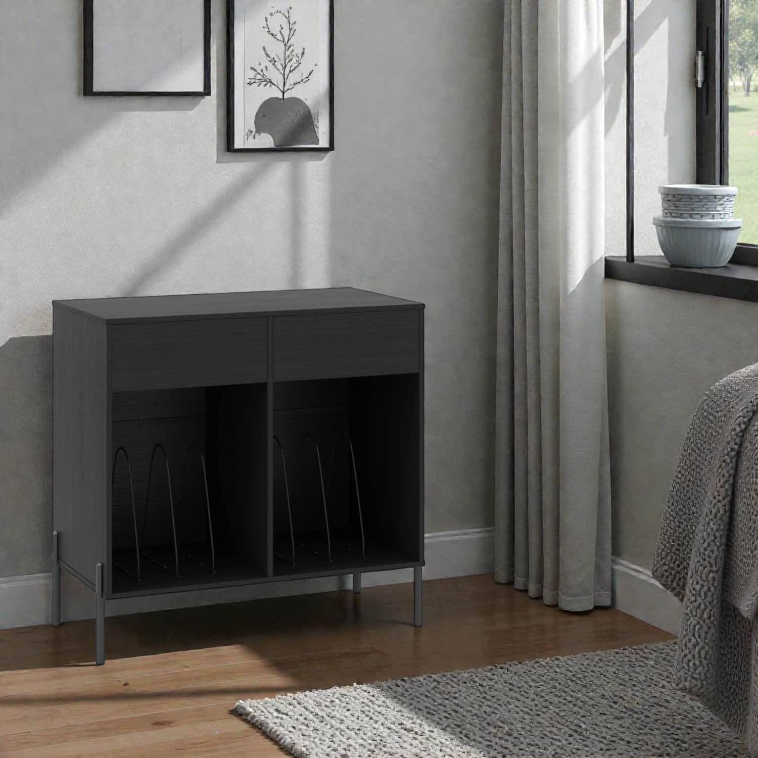 Hivvago - Double-Wide Turntable Stand with Power Outlets and Vinyl Storage - Black