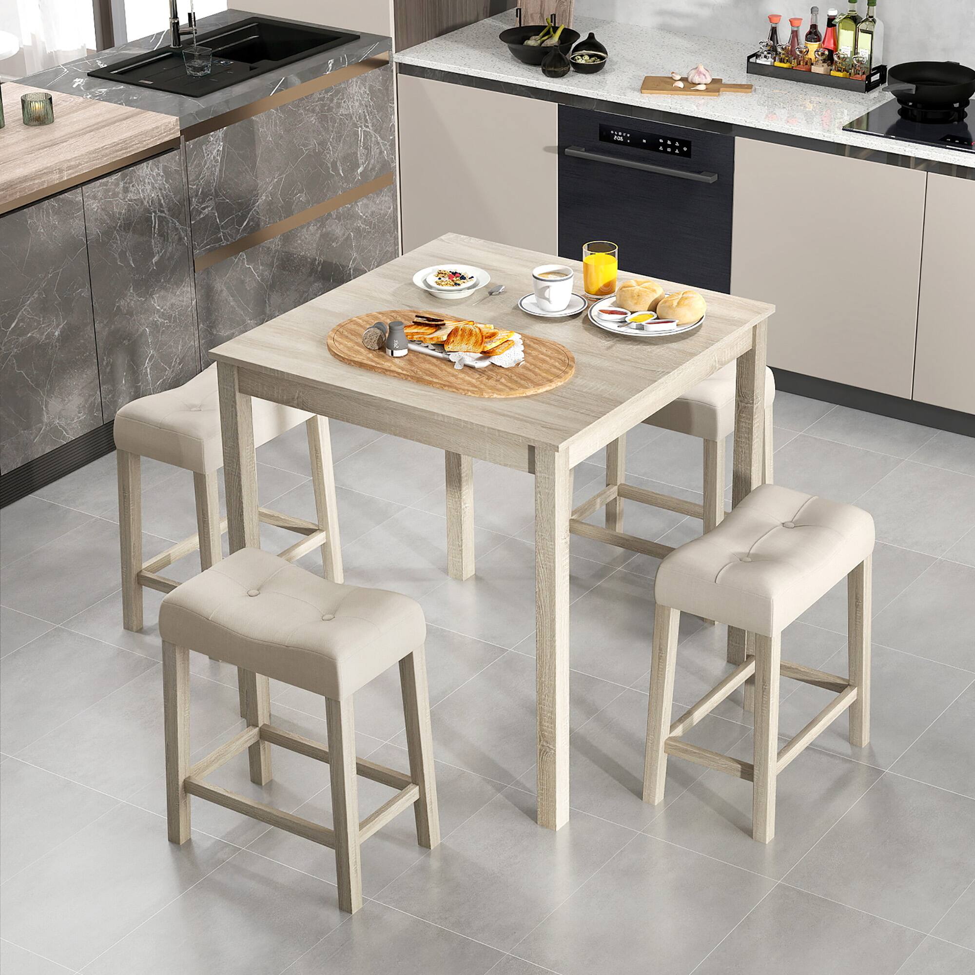 Alt View 1. Gymax - Gymax 5 PCS Square Bar Table Set for 4 w/ Padded Stools Rubber Wood Legs for Kitchen - Gray.