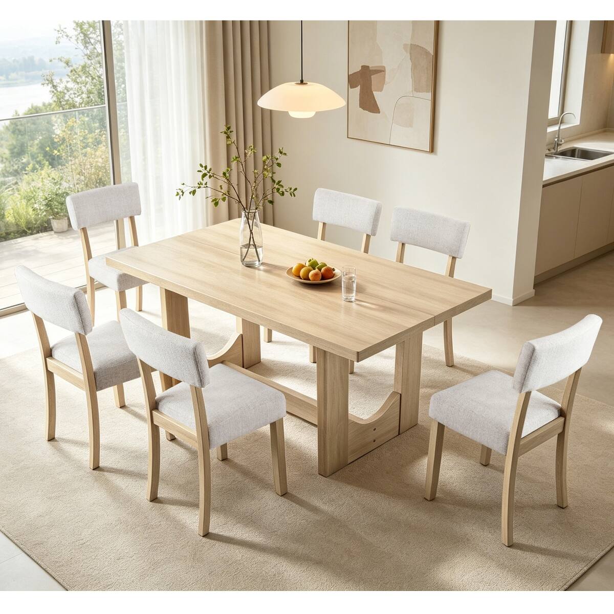 Loheer 7 Piece Dining Table Set for 6, 57 Inch Rectangular Light Oak ...
