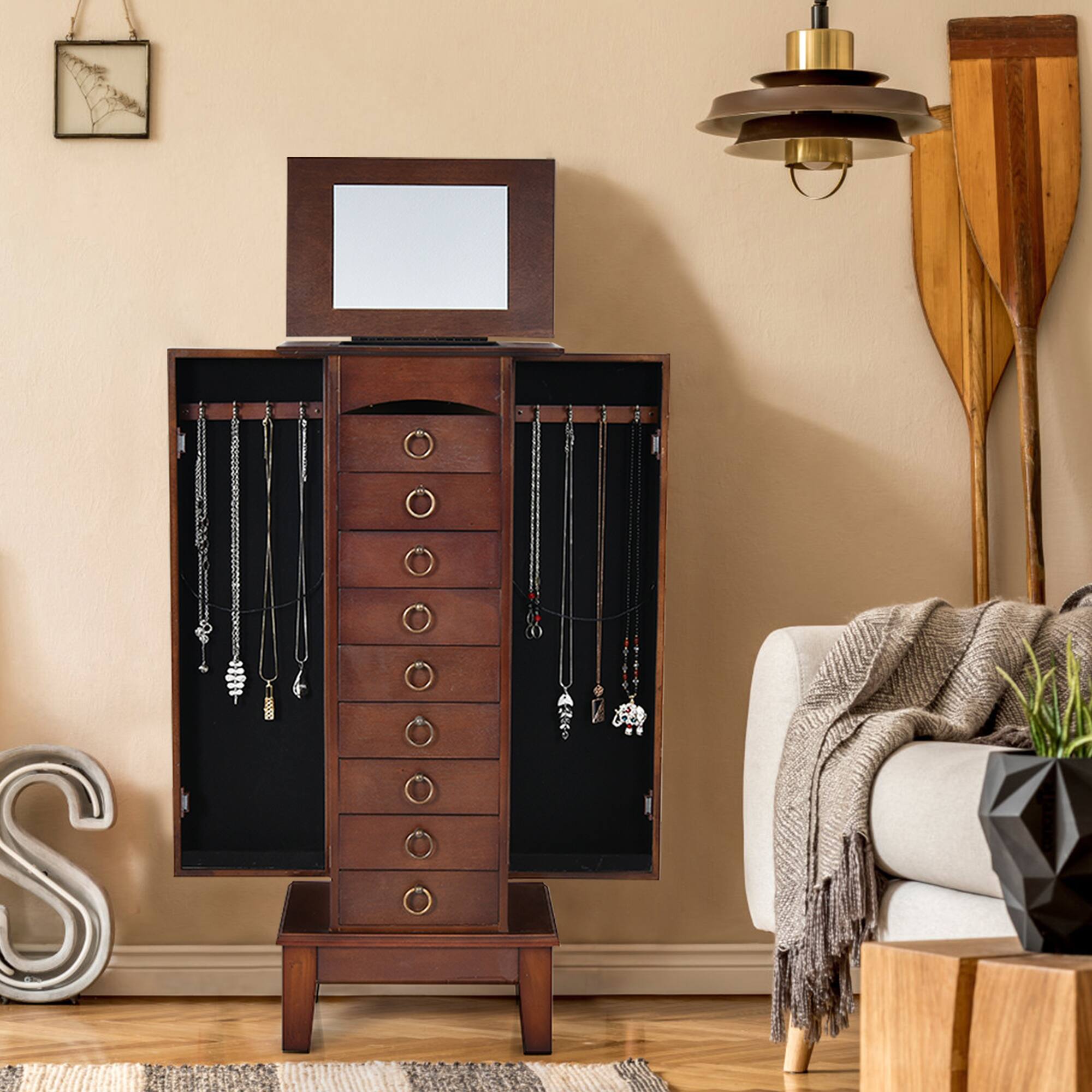 Alt View 2. Gymax - Gymax Jewelry Cabinet Armoire Wood Storage Box Chest Stand Organizer - Walnu.
