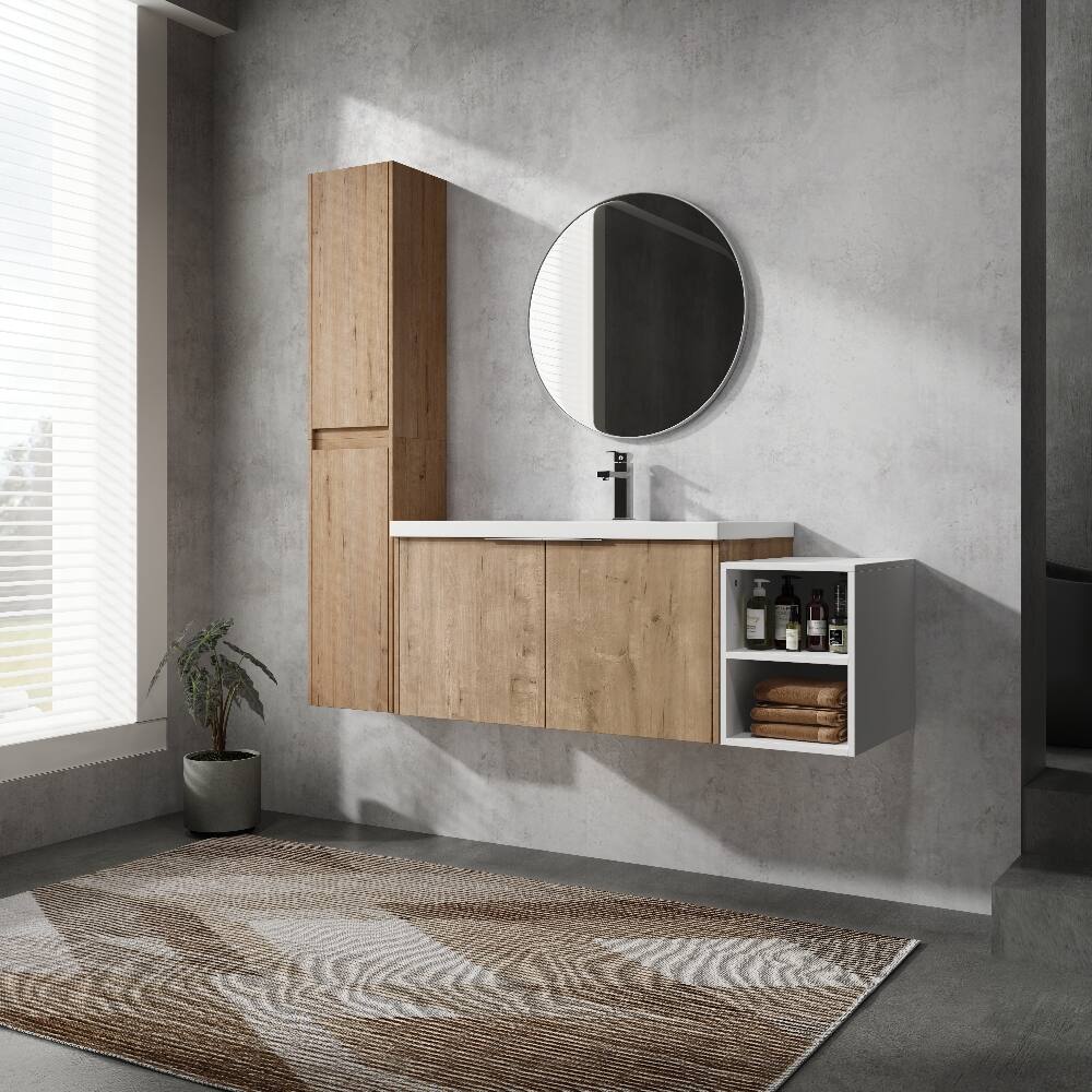 Angle. Loheer - Loheer 48 inch wall mounted bathroom vanity with side cabinet, imitative oak - Imitative Oak.