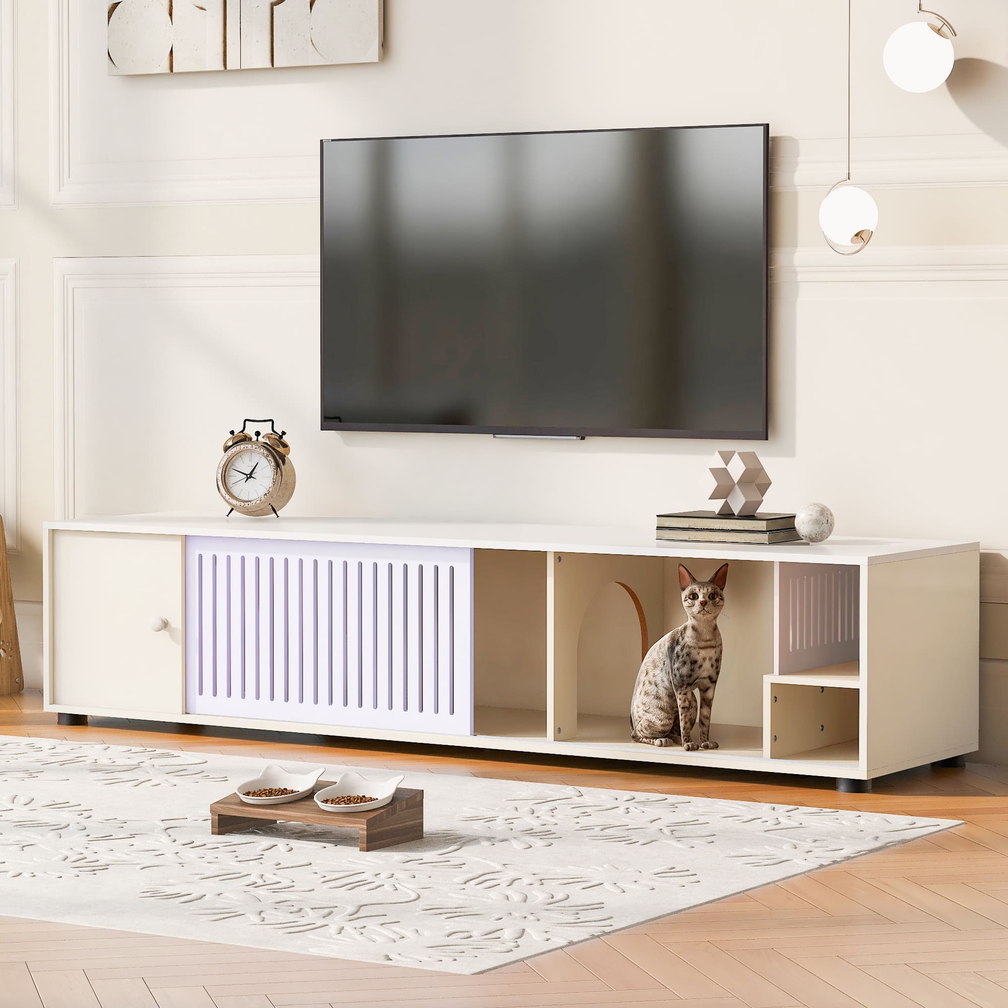 Spaco - Modern TV Stand with Storage, Cat Litter Box Enclosure with Removable Sliding Door for Living Room - Cream White