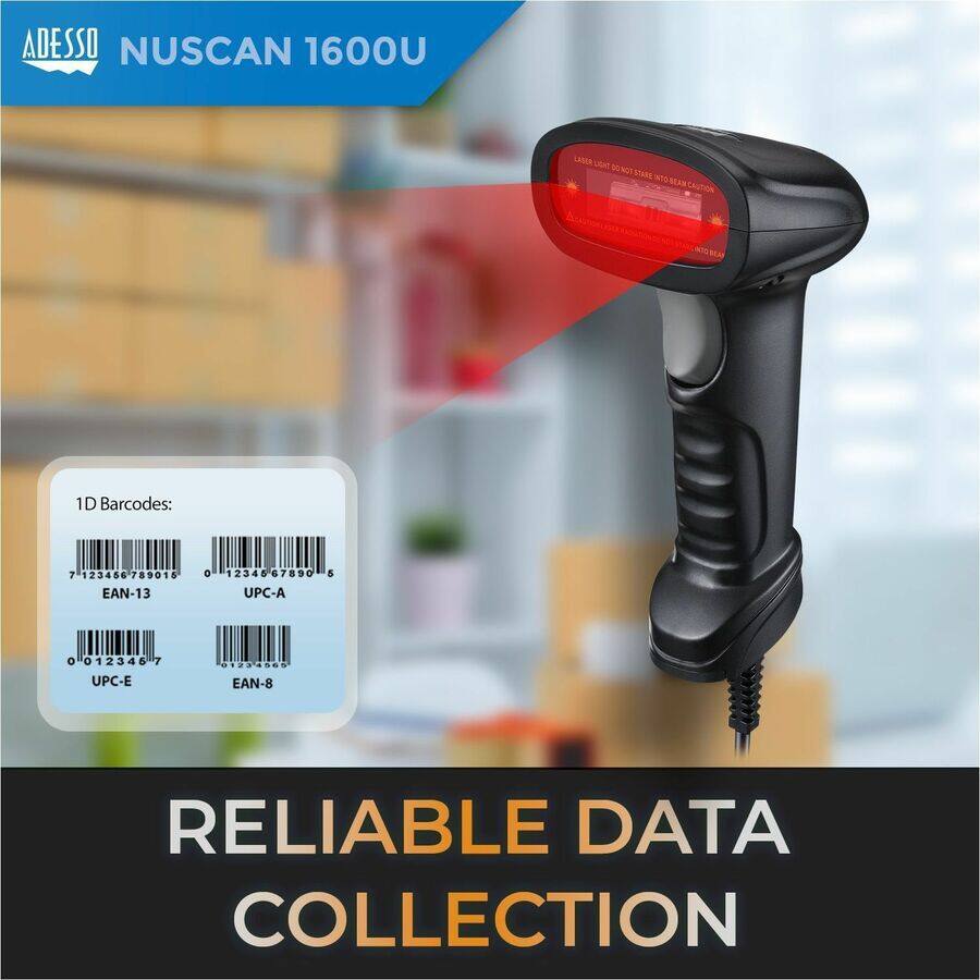 ADESSO NUSCAN 1600U

1D Barcodes:
- EAN-13: 7 123466 789018
- UPC-A: 0 1234 7890
- UPC-E: 0 1234 7
- EAN-8: 4585

RELIABLE DATA COLLECTION