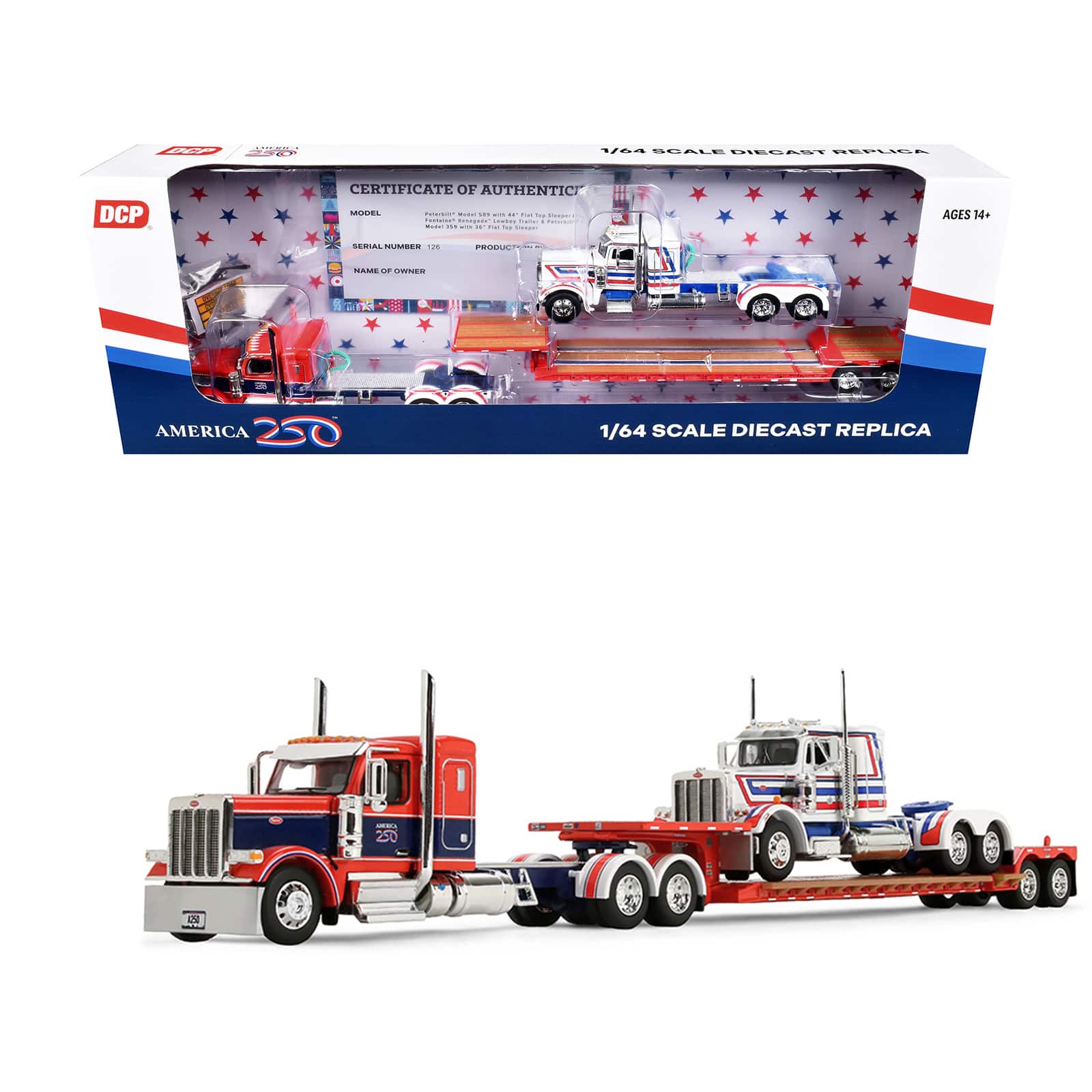 "First Gear - Peterbilt 589 with 44"" Sleeper Red w/Blue & Lowboy w/Peterbilt 359 Load White, Blue & Red 1/64 Diecast by DCP/First Gear" price history on PriceWatchPro