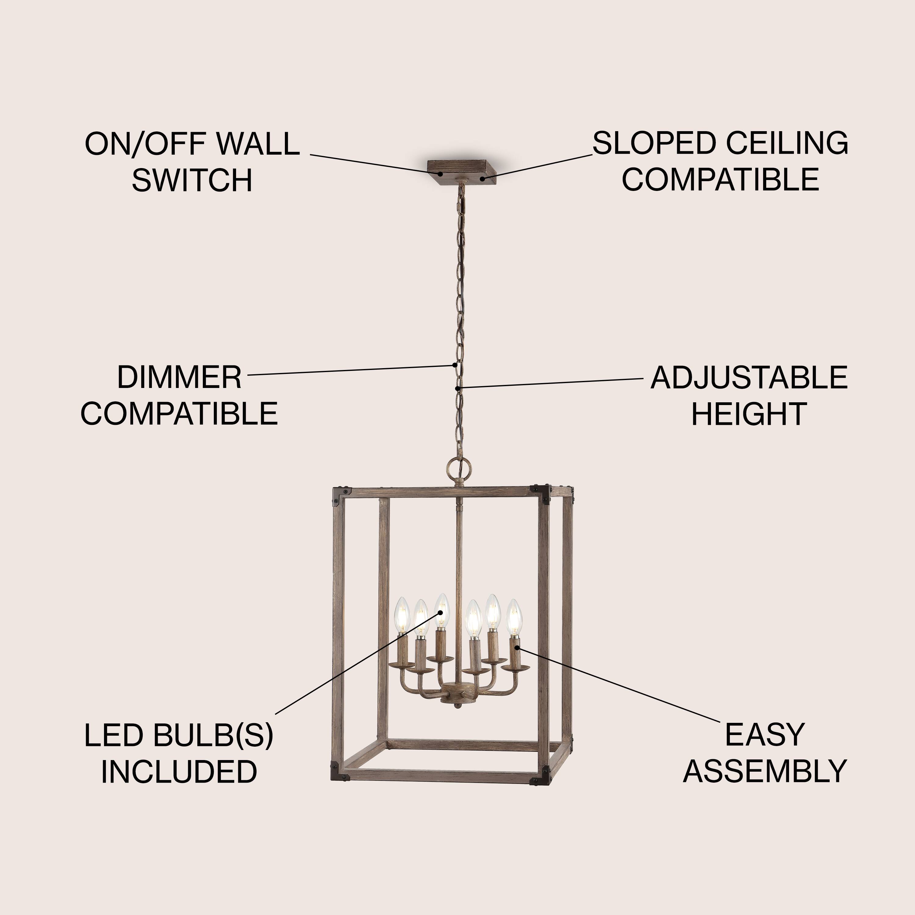 ON/OFF WALL SWITCH  
SLOPED CEILING COMPATIBLE  
DIMMER COMPATIBLE  
ADJUSTABLE HEIGHT  
LED BULB(S) INCLUDED  
EASY ASSEMBLY