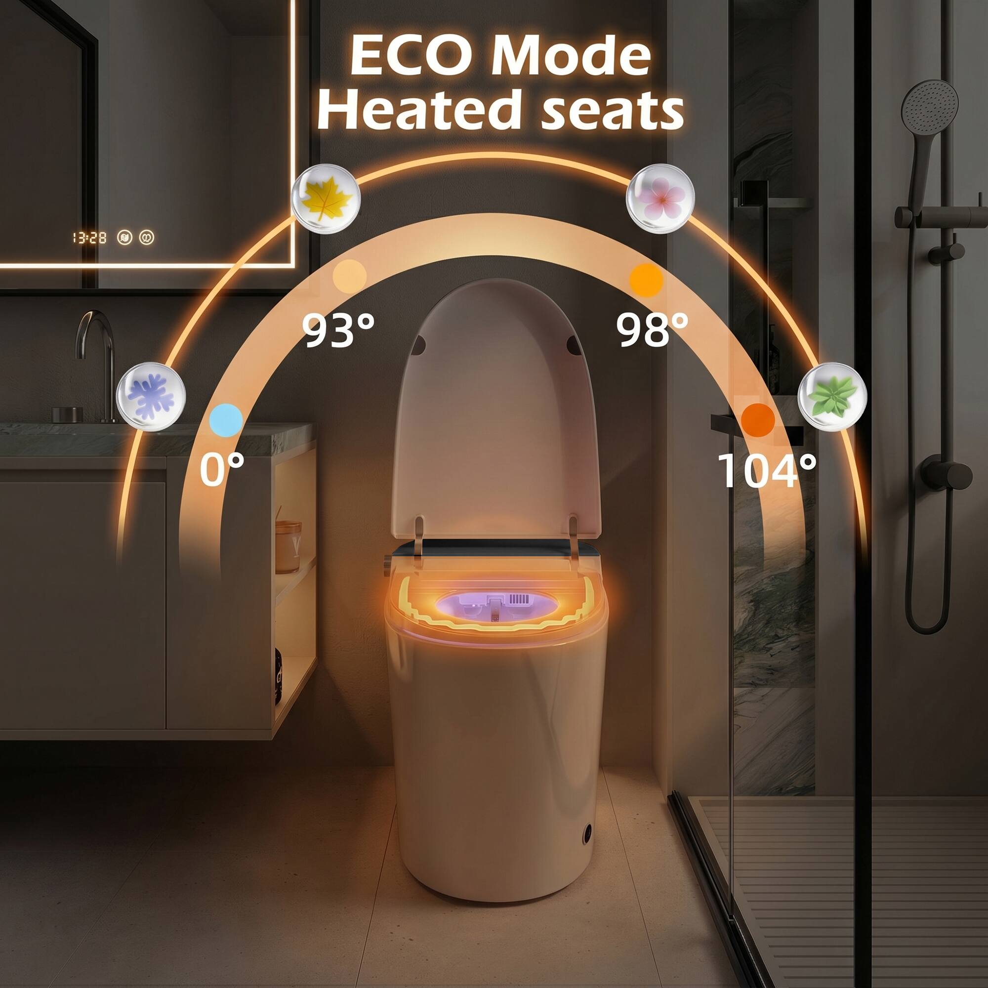 ECO Mode Heated seats  
13:28  
93°  
98°  
0°  
104°